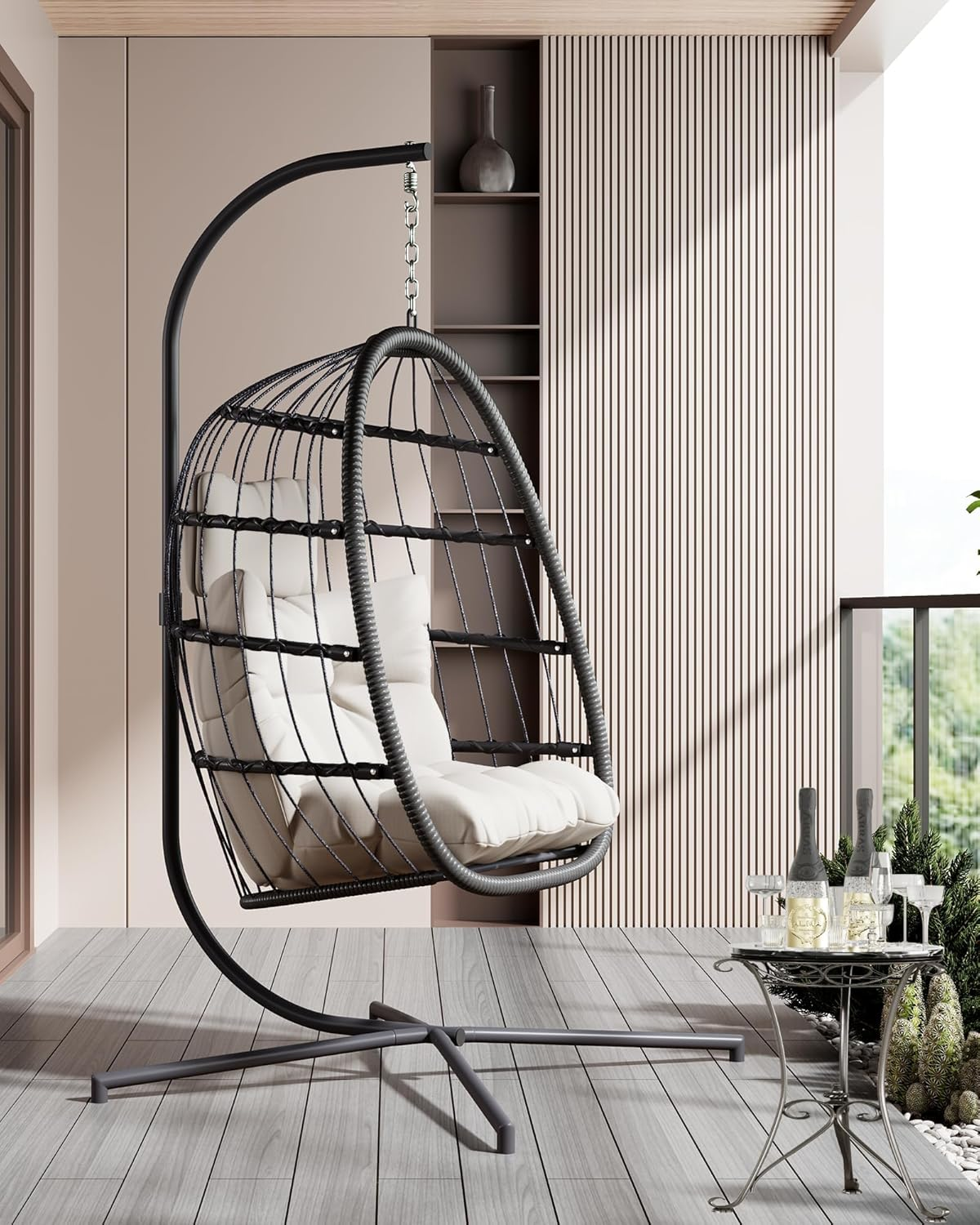 Dystler Hanging Egg Chair with Stand, Patio Wicker Egg Swing Chair with Cushion for Bedroom Garden Indoor Outdoor (Beige) image number 6