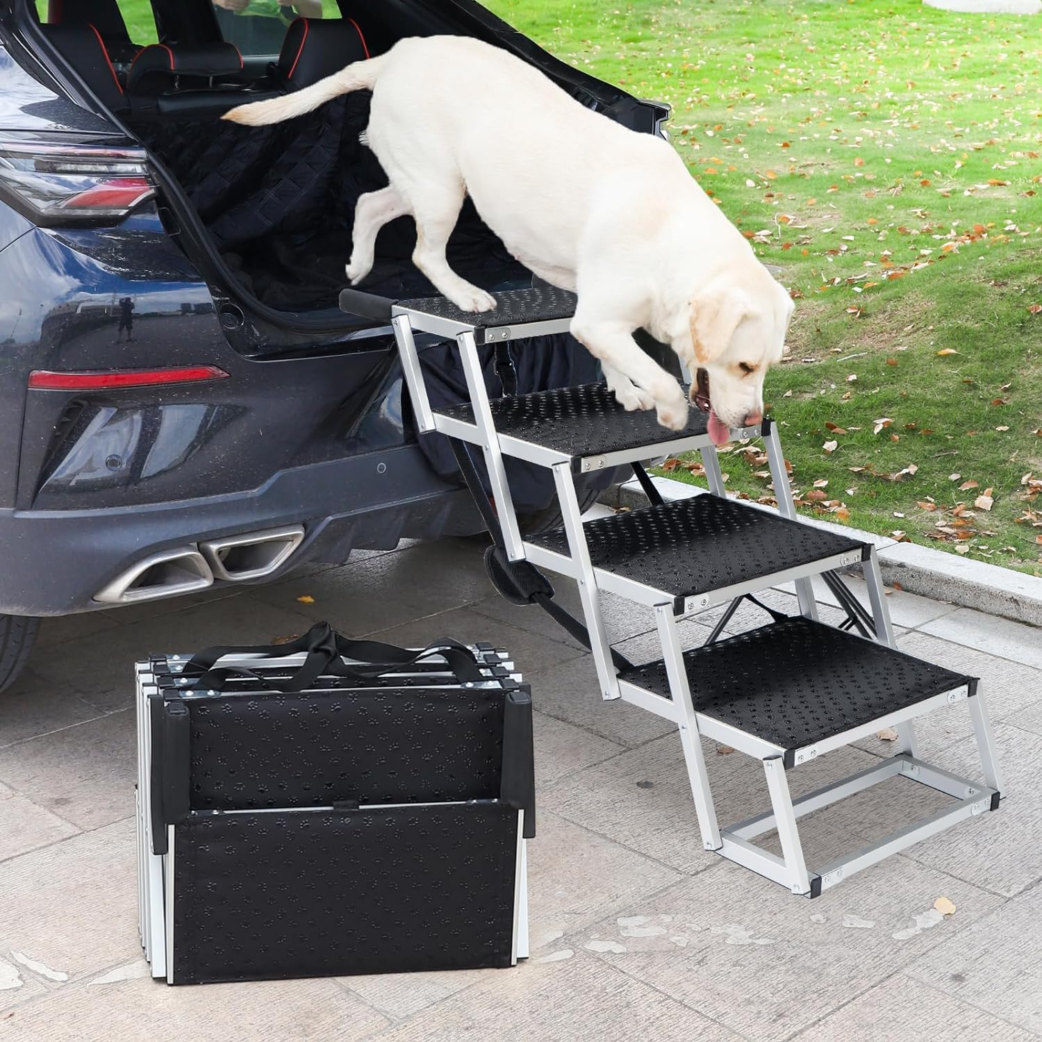 Uross Dog Stairs for Car 4 Steps - Aluminum Dog Ramp Step Stairs for Car and Small SUV, Large Dogs,Telescoping Dog Pet Step Stairs Ladder for Truck, Supports up to 90.7KG image number 4