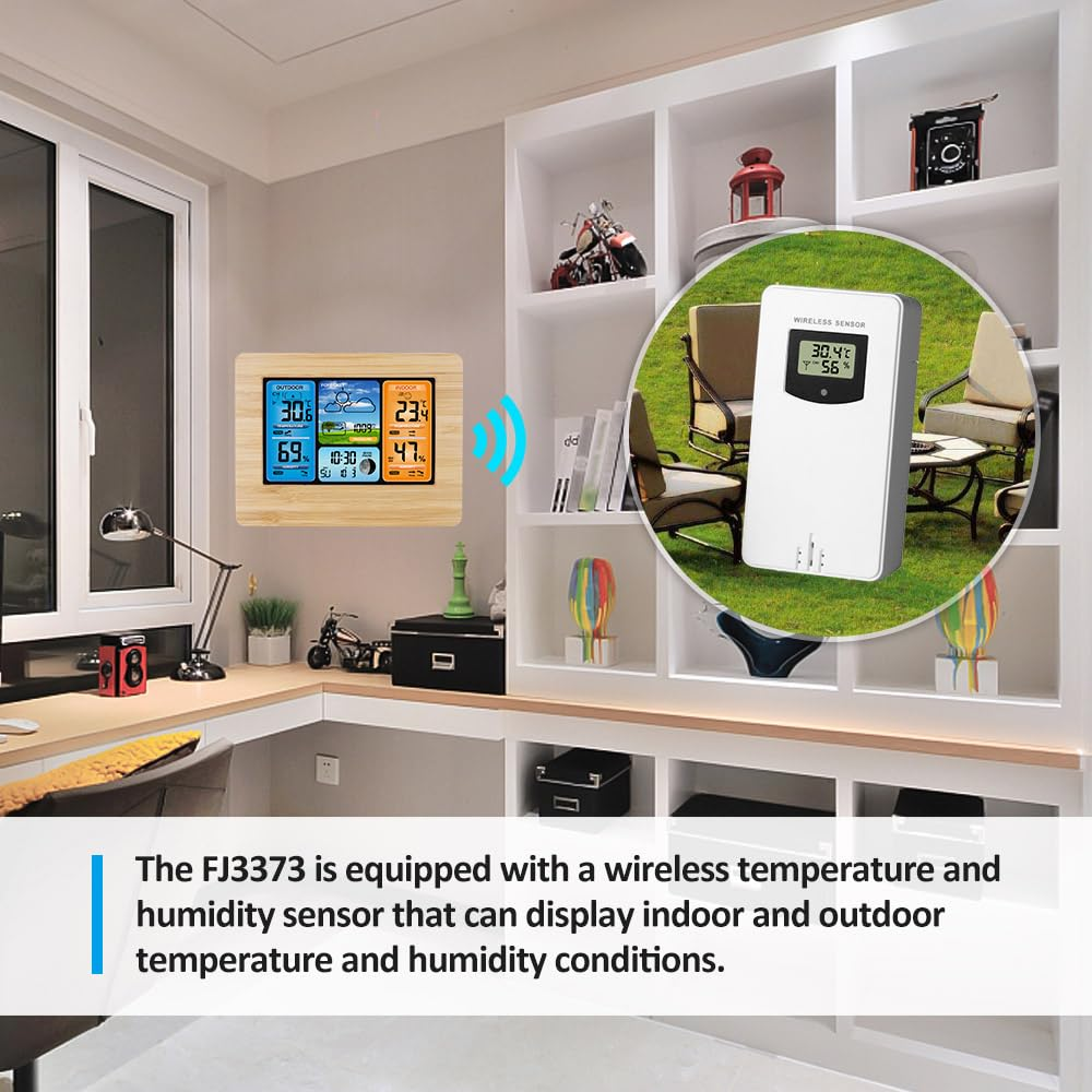Weather Clock, REFENG FJ3373 Multifunction Digital Weather Station LCD Alarm Clock, Indoor Outdoor Weather Forecast Barometer Thermometer Hygrometer with Wireless Outdoor Sensor USB Power Cord image number 4