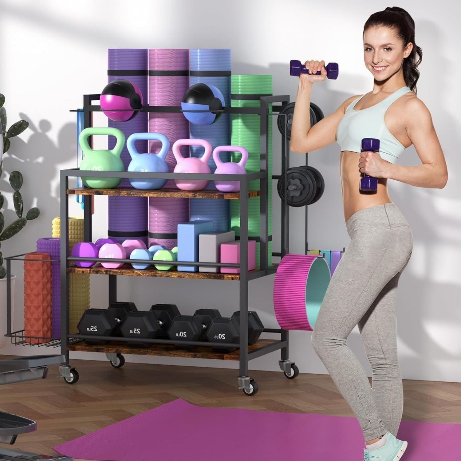 NOAEOU 40D X 70W X 93H Cm Strength Training Dumbbell Storage Racks for Home Gym, Large Capacity Organizer with Hooks and Wheels, for Exercise & Fitness Equipment image number 1