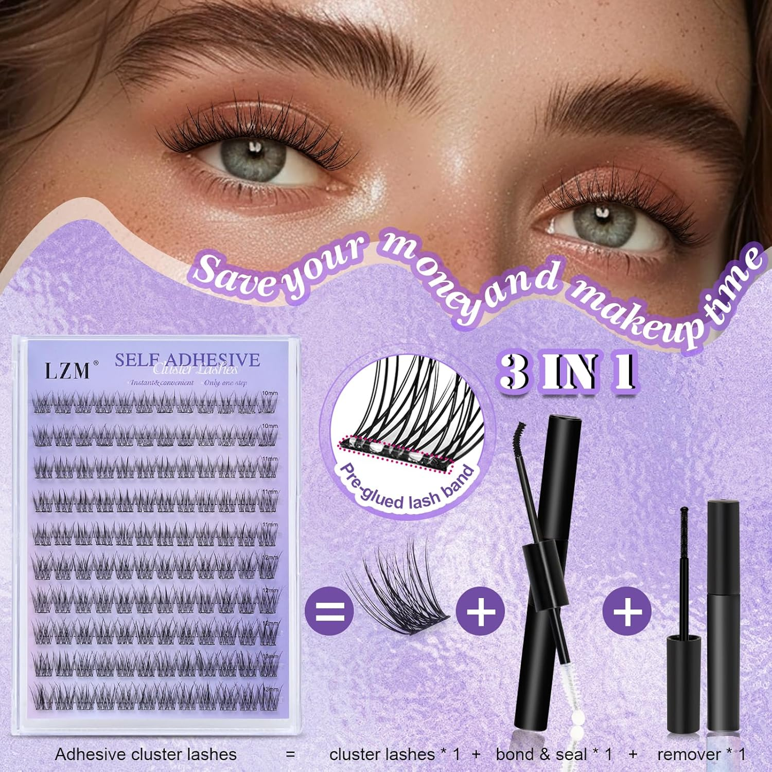 LZM Self Adhesive Lashes Clusters Pre Glued Eyelashes Press-On Lashes Individual Lash Extension with Lash Tweezers No Glue Needed Natural DIY Eyelash Extensions 10-13Mm (Kit-01) image number 2