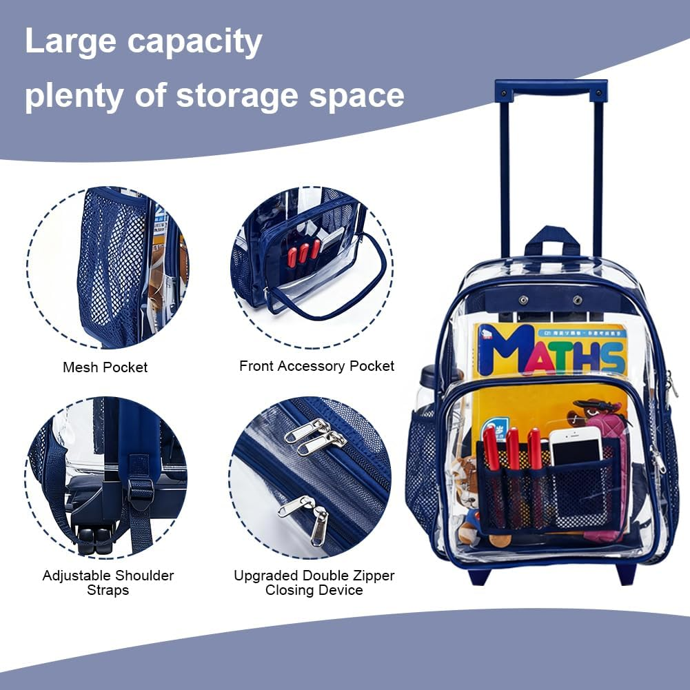 Rolling Clear Backpack, Heavy Duty Cold-Resistant Security Transparent PVC Backpack with Wheels (Black) - Pink image number 4