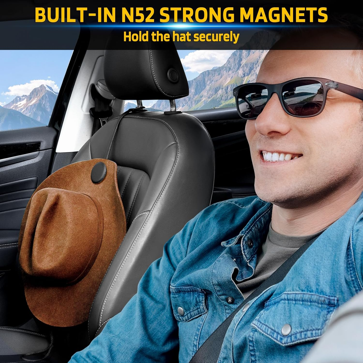 Cowboy Hat Holder for Truck, Magnetic Hat Clip Leather Hat Rack for Car, Headrest Hat Hanger Vehicle Hat Organizer Accessories - Keep Hat Shape, Black, 1 Pack image number 1