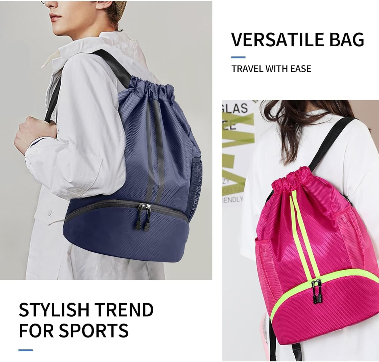 Sports Drawstring Backpack,Water Resistant Lightweight String Gym Bag with Shoes Compartment and Wet Proof Pocket for Women Men. - Black image number 4