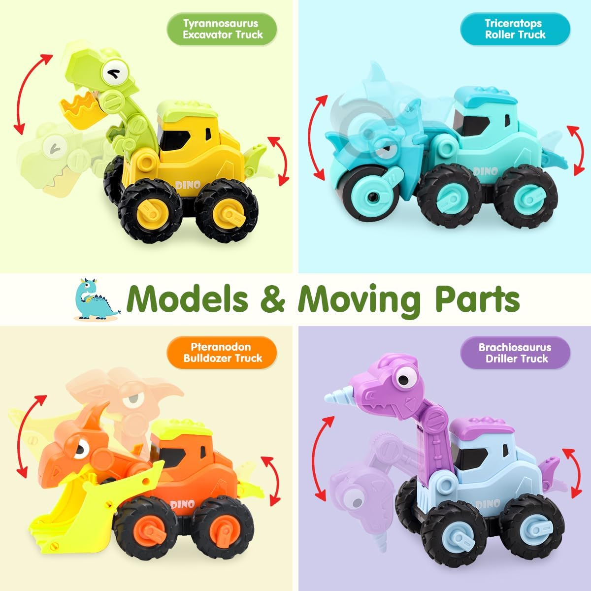 Kaekid Dinosaur Truck Toys for Toddlers, Press and Go Car Toys, Kids Construction Vehicles Playset, Infant Play Vehicle Set, Birthday Gift Toys for 18 Months + Boys Girls image number 4