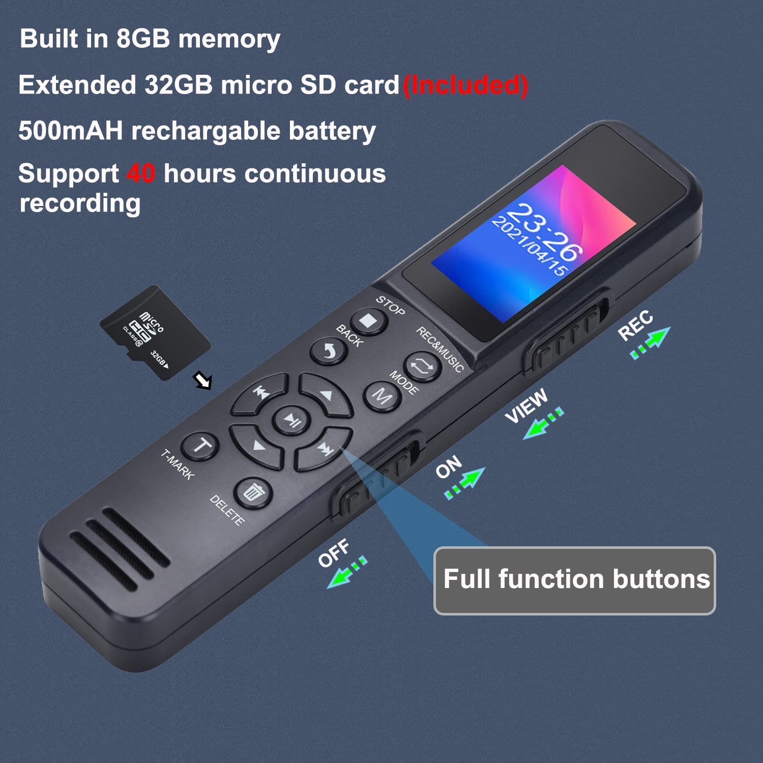32GB Voice Recorder with Noise Cancellation & Voice Activation for Lectures, Interviews, Classes, and Meetings. 40 -Hour Battery Life, External Memory Support, USB File Transfer, Playback, MP3 Player image number 4