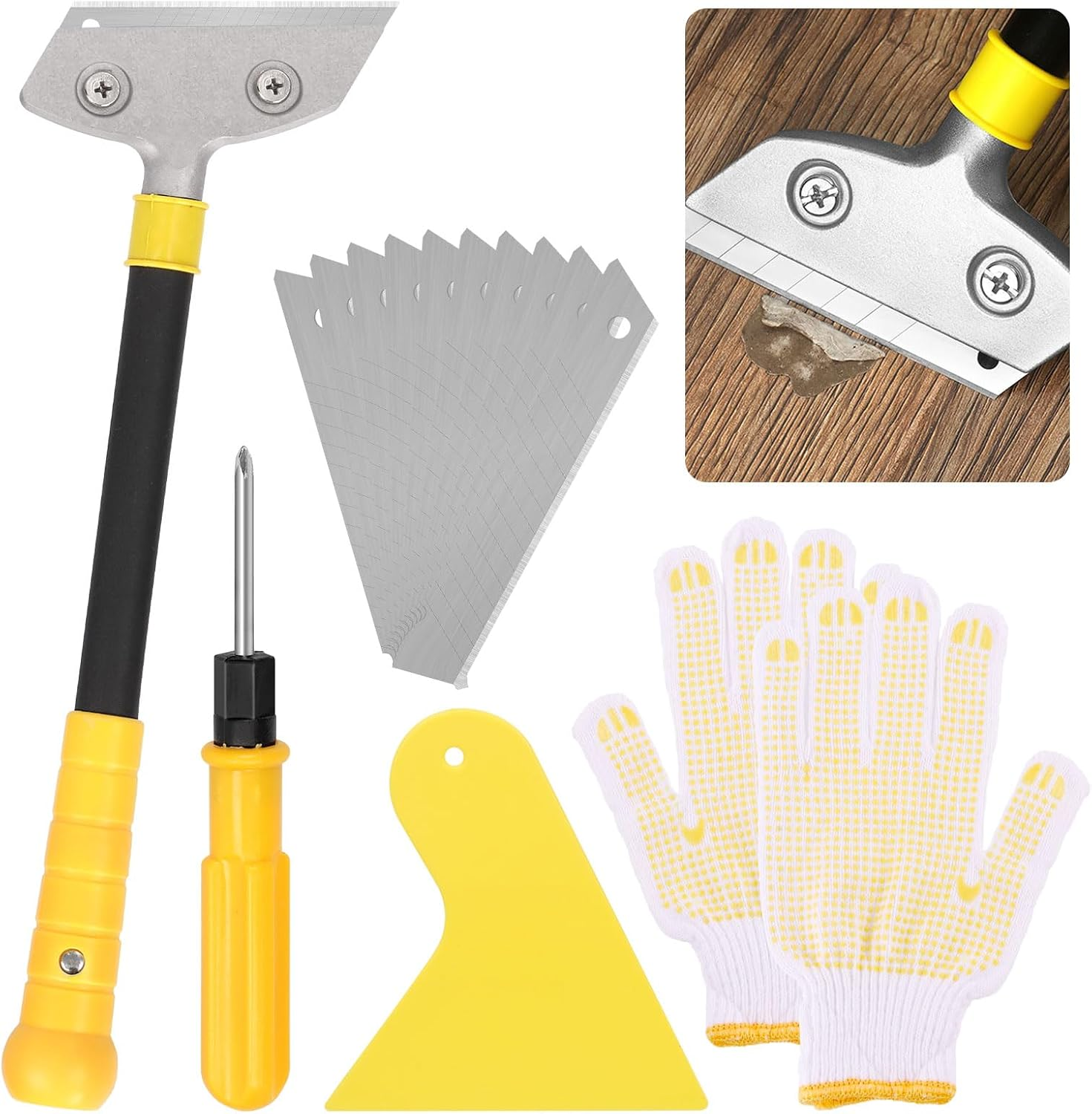 Tanstic 14Pcs Razor Blade Scraper Kit, Razor Blade Sticker Remover, Floor Scraper, Paint Glass Scraper Tool with Replacement Blades, Screwdriver and Gloves for Glass Window Tile Stove image number 1