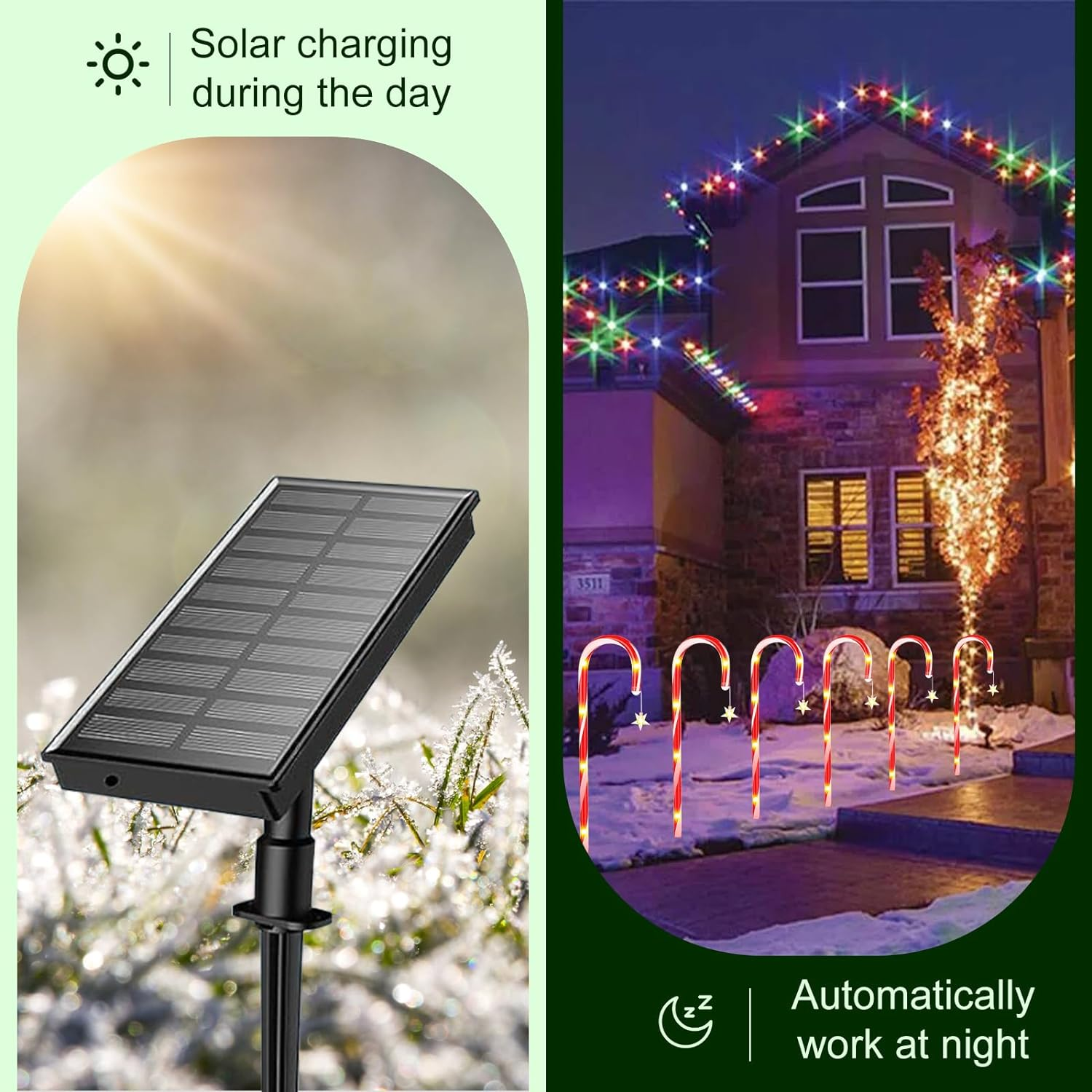 Ninonly 12 Pack Christmas Candy Cane Pathway Lights, Christmas Solar Stake Lights with 72 LED Lights, 8 Light Modes Christmas Decorations for Outdoor Patio Garden Yard Xmas Holiday image number 3