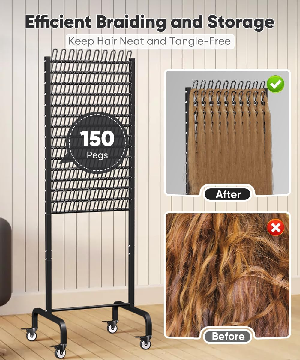 Tigerden 150 Pegs Braiding Hair Rack, Adjustable Hair Separator Stand with Wheels, Hair Extension Holder for Hair Stylists, Braiders, Home, Salon, Beauty School, Black image number 4