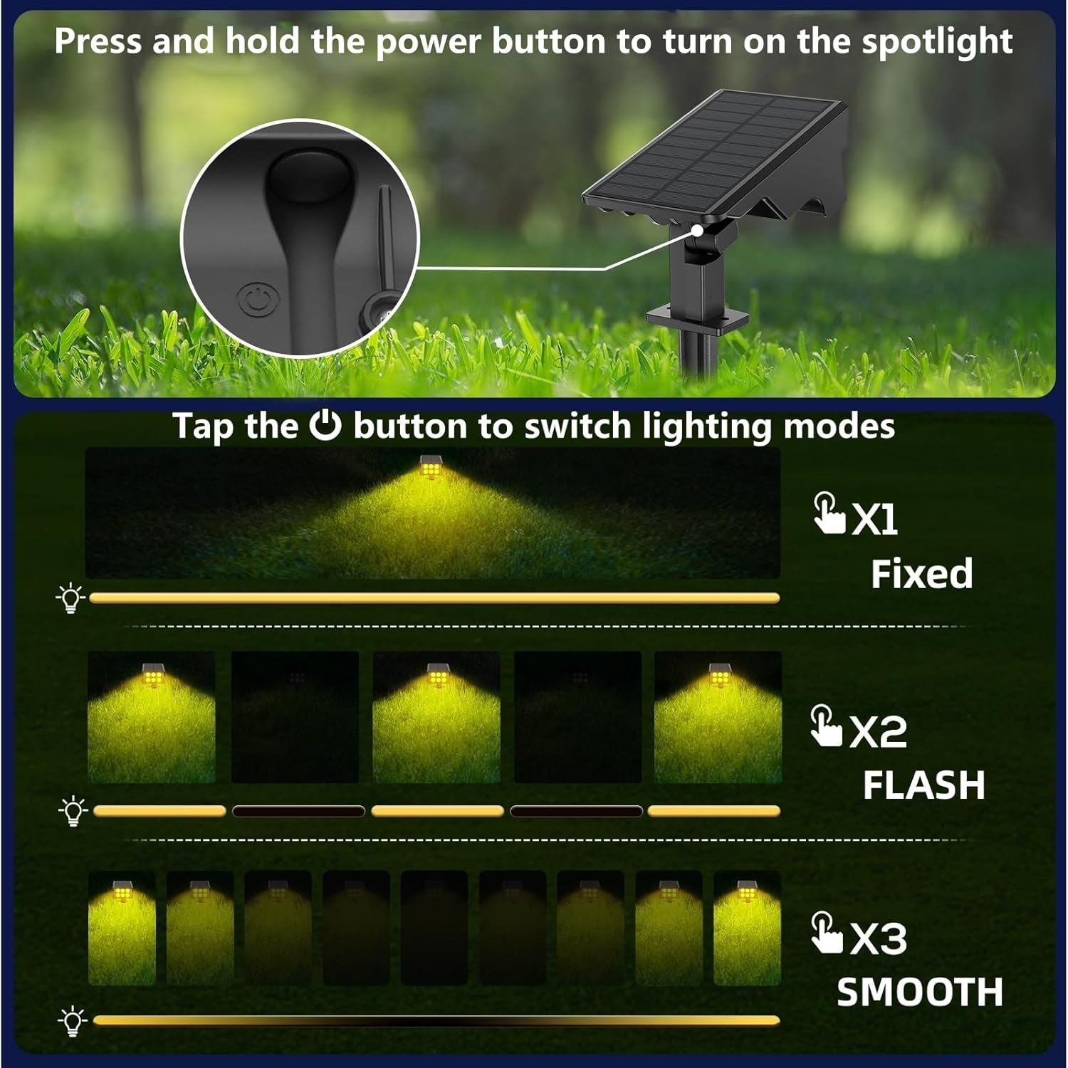 MEIKEE Solar Spot Lights Outdoor, 2 Pack Warm White Solar Landscape Spotlights Dusk to Dawn 3 Modes 3 Brightness Adjustable, IP65 Waterproof Solar Lawn Tree Wall Lights for Patio Driveway Path image number 3