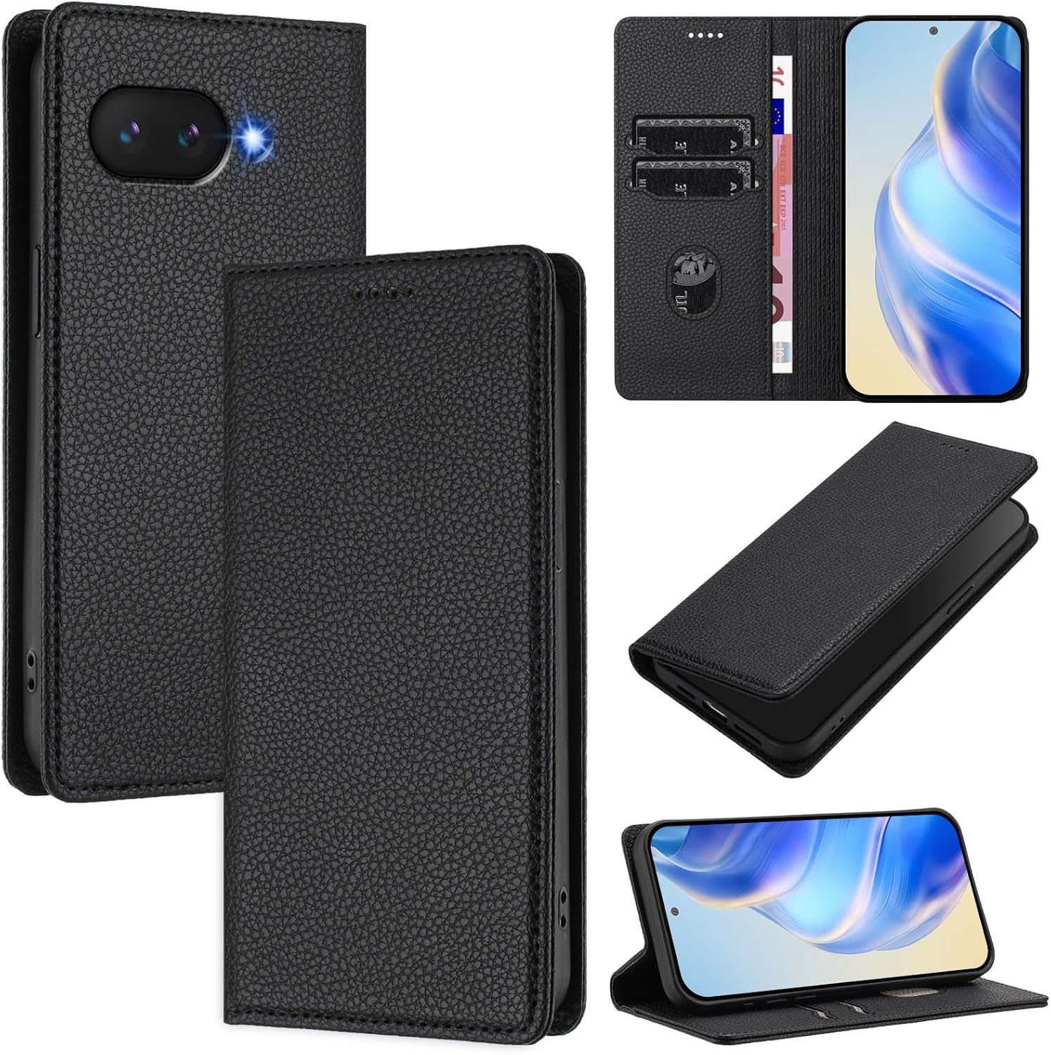 XINYEXIN Leather Case for Google Pixel 9A, PU Leather Flip Case with Card Slot, Stand, Magnetic Folio Mobile Phone Protective Case - Black