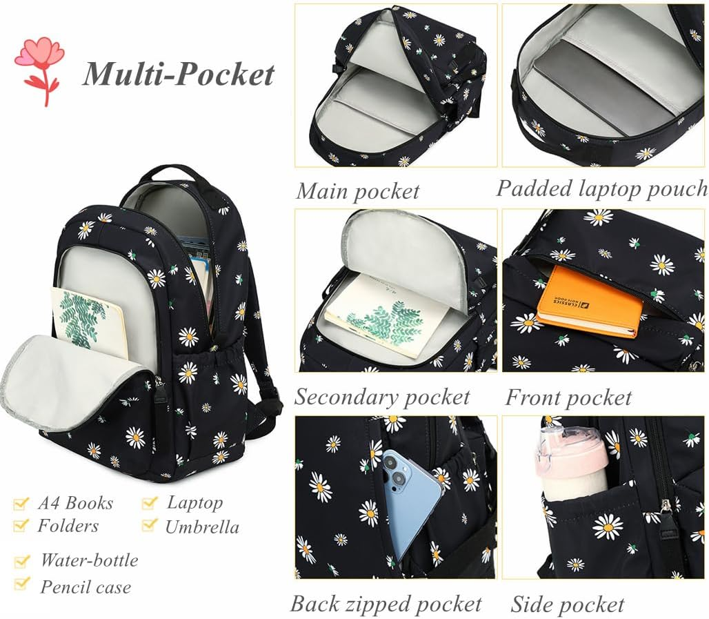 Cats or Daisy Print Girls Backpacks, Water-Resistant Casual School Bags Daypacks image number 2