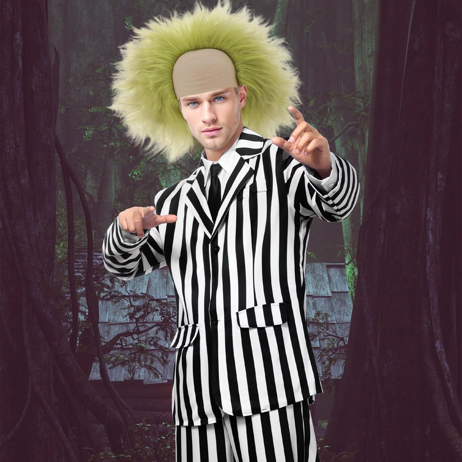 Men Black and White Striped Suit Cosplay Halloween Costume,Adult Horror Comedy Character Cosplay Outfit with Jacket, Shirt, Pants, Tie, Wig,For Men Scary Halloween image number 6