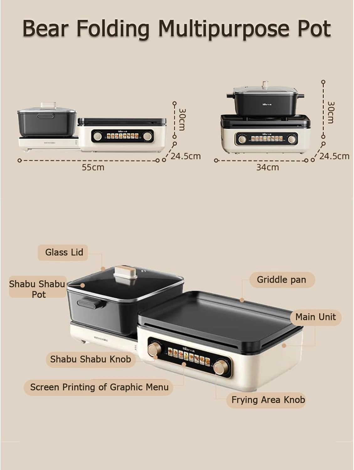 BEAR Electric Grill with Hot Pot, 2-In-1 Folding Korean BBQ Grill Indoor & Shabu Shabu Pot, Removable Hotpot Pot & KBBQ Grill, Non-Stick, Adjustable Temperature, 2100W image number 3