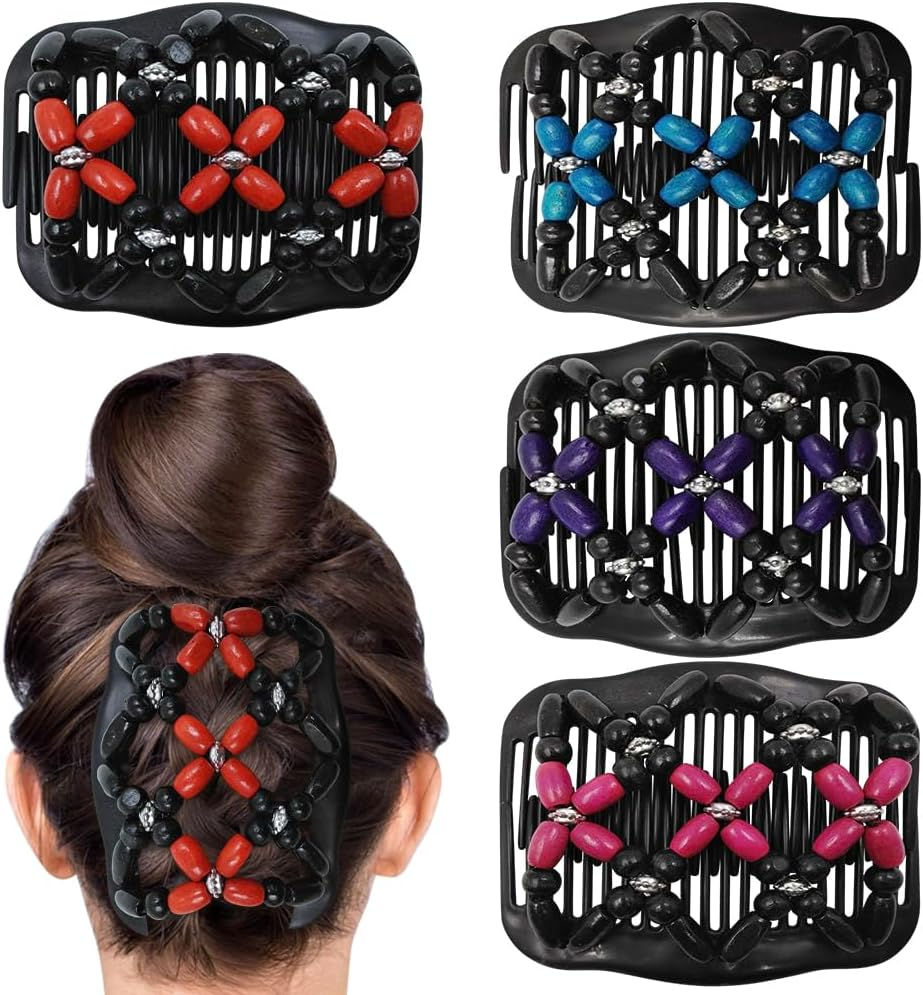 Umibow 4 Pcs Stretchy Magic Hair Combs for Women Double Comb Hair Clip Elastic Wood Beaded Hair Bun Maker Magic Hair Side Combs for Curly Thick Wavy Hair