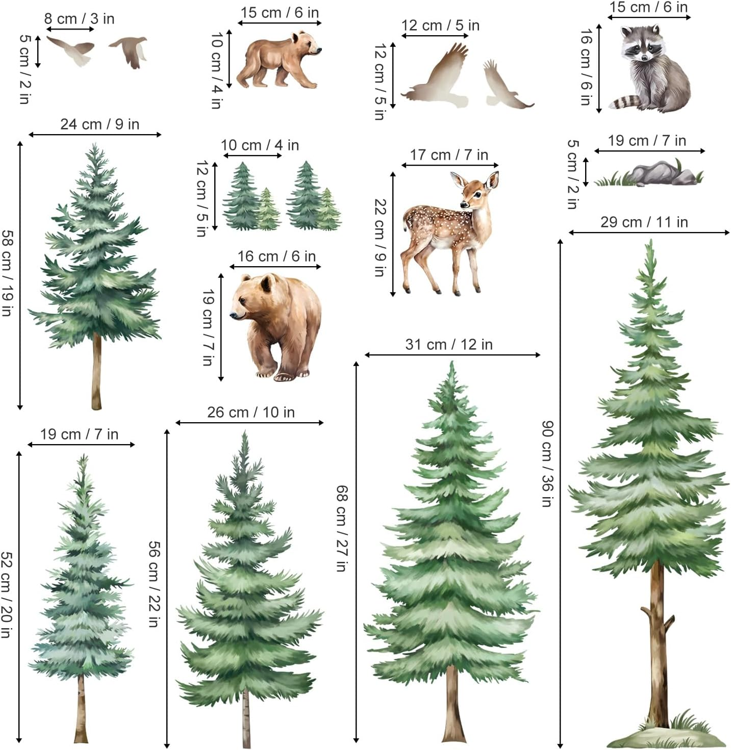 Decalmile Large Pine Tree Wall Decals Woodland Animal Bear Wall Stickers Baby Nursery Kids Room Bedroom Wall Decor image number 3