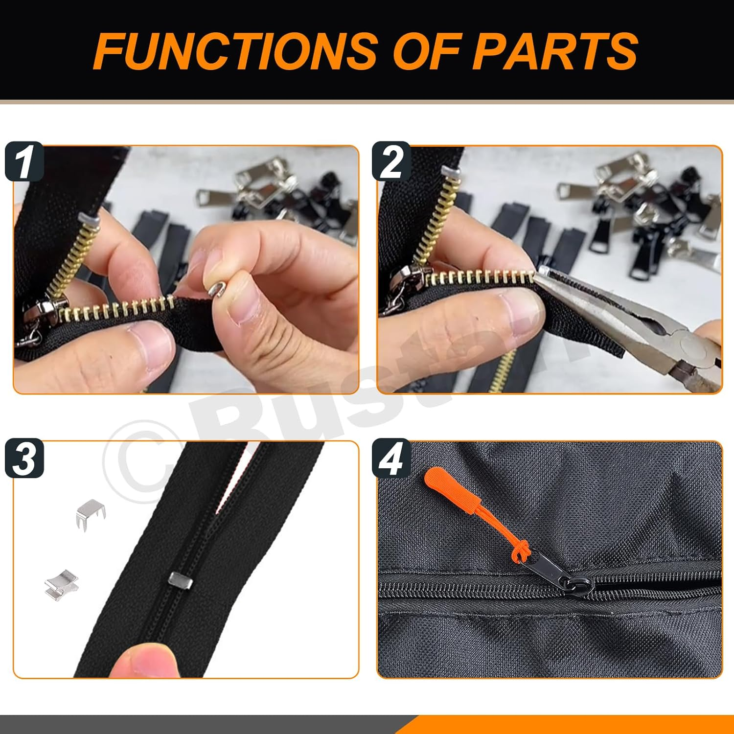 Rustark 144Pcs #3#5#8 Zipper Repair Kit Zipper Replacement Zipper Repair Zipper Pull Replacement and Zipper Stops with Two Zipper Install Pliers Tool for Bag Luggage Tents image number 3