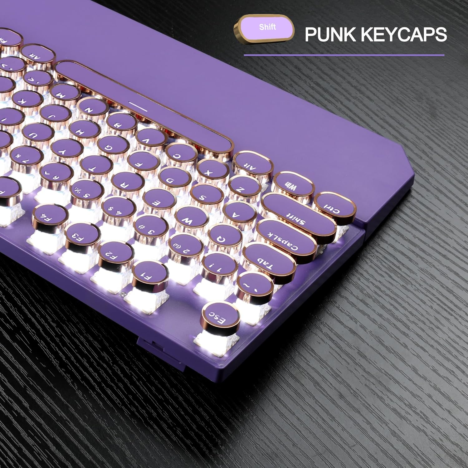 Magegee Typewriter Mechanical Gaming Keyboard, Retro Punk Purple round Keycaps, 104 Keys LED White Backlit Wired Keyboards for Laptop MAC PC Gamer, with Magnetic Wrist Rest, Blue Switch image number 3
