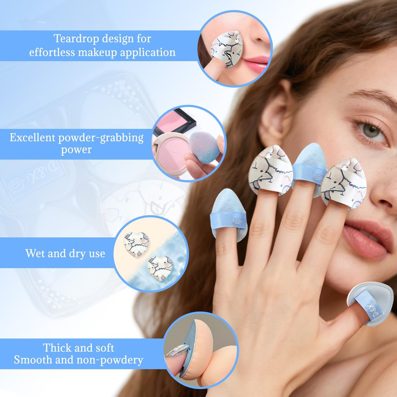 BOROLA 5PCS Thumb Powder Puff Set, Mini Velvet & Sponge Blush Puff for Highlighter, Concealer, Liquid & Powder Foundation, Multi-Use Makeup Blender Sponge, Wet & Dry Makeup Tools with Storage Box image number 3