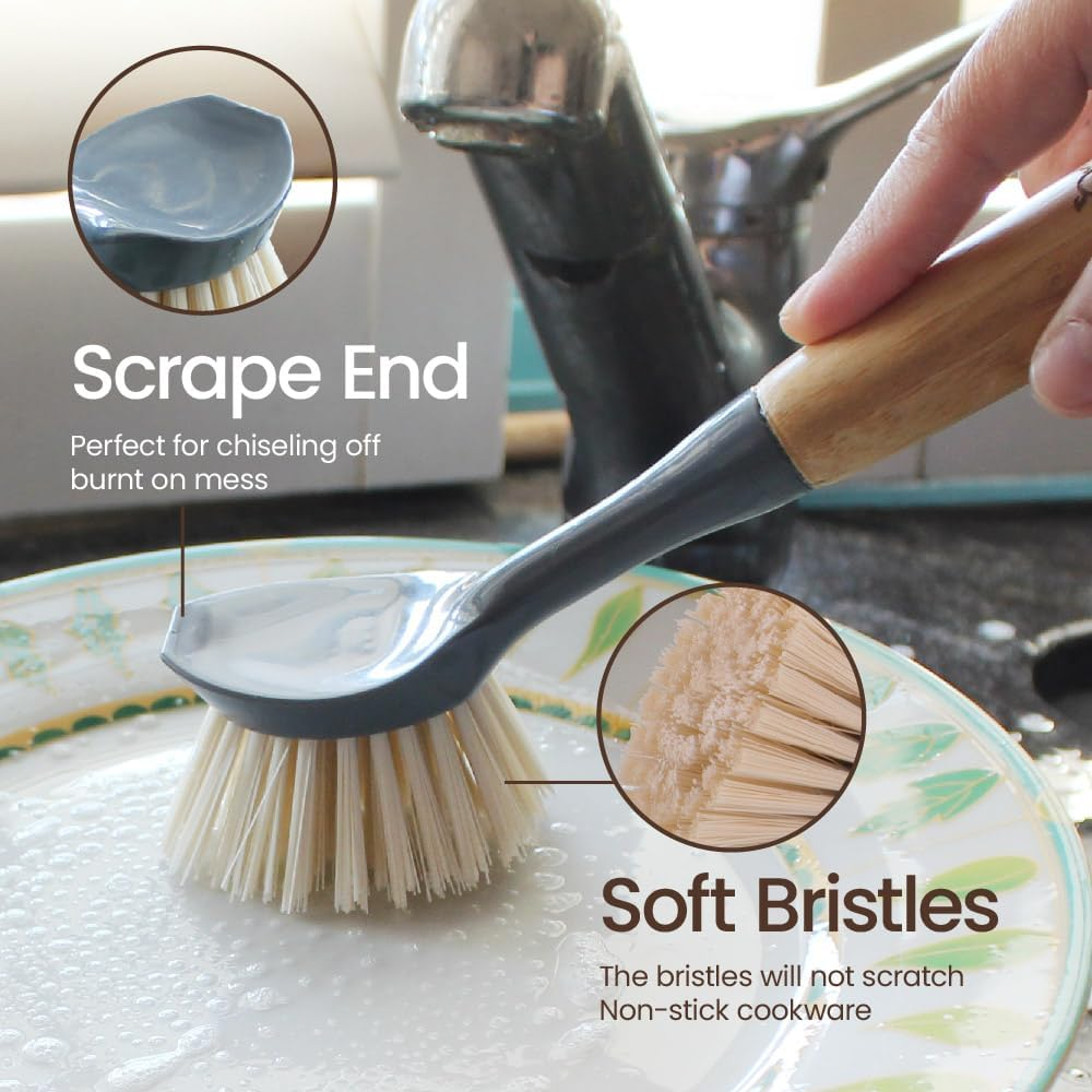 Eco Basics Sustainable Cleaning Brush Set of 6| Dish Brush, Pot Brush, Bathroom Brush, Window Squeegee, Bottle Brush & Vegetable Brush | FSC Bamboo & Ocean-Bound Recycled Plastic Tools image number 5