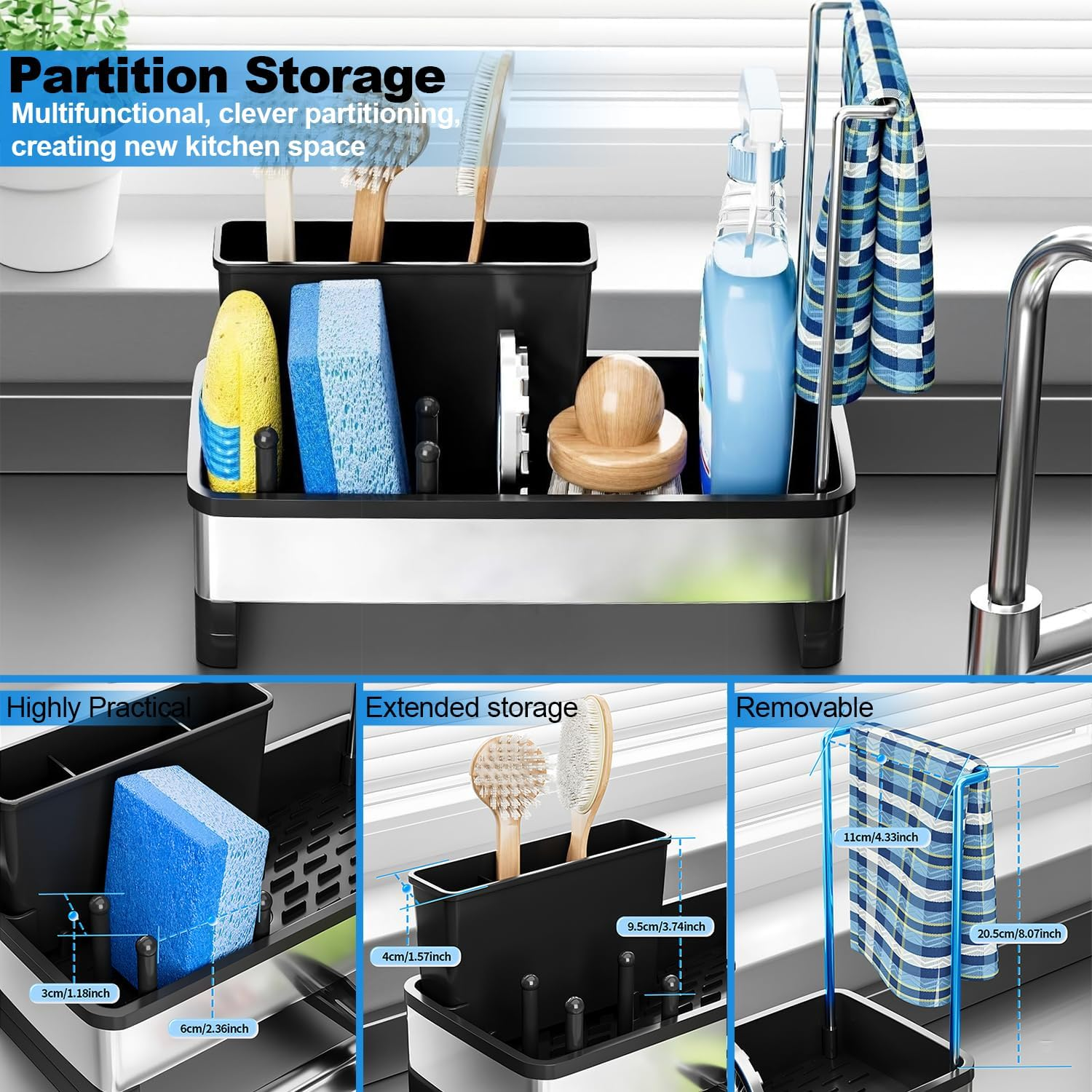 AIMANWEI Kitchen Sink Caddy Organiser,Sponge Holder for Kitchen Sink with Self Draining Tray,Rag Holder,Brush Holder,304 Stainless Steel,Soap Dispenser Storage Accessories for Storage image number 6