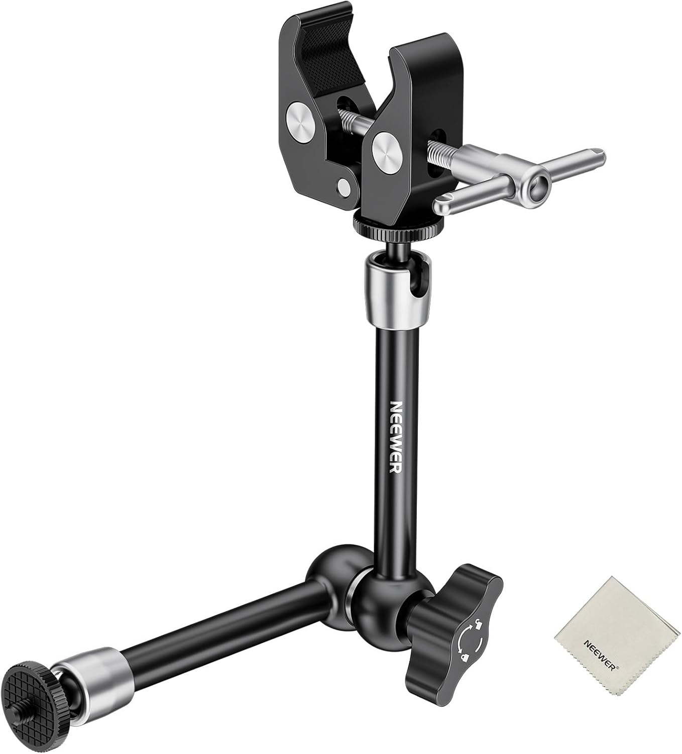 NEEWER 9.8"/25Cm Magic Arm with Super Clamp & Cleaning Cloth, 1/4" & 3/8" Threads for Flash/Led Light/Microphone/Dslr Camera Monitor Compatible with Smallrig Camera Cage, Max Load: 4.4Lb/2Kg, ST25C