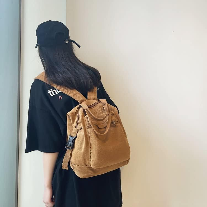 Small Boho Canvas Backpack for Women Vintage Style Outdoor Travel Bag Casual Daypack Grunge Aesthetic Hippie Y2K Backpack - Black image number 4
