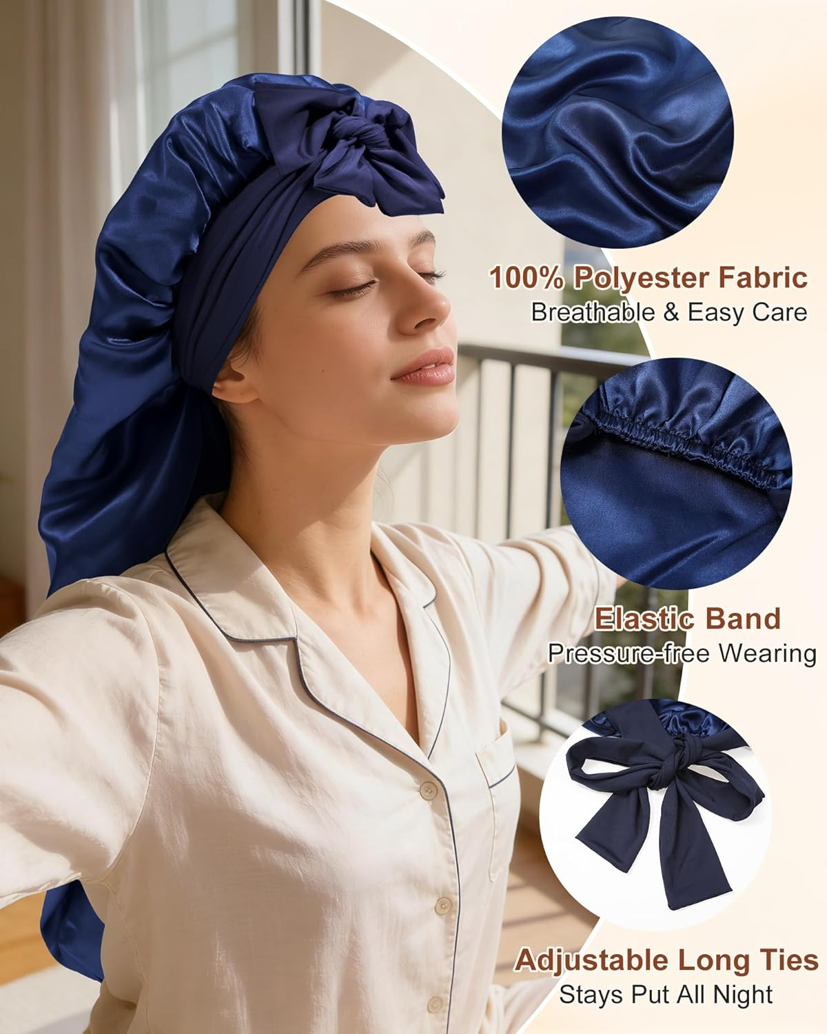 AWAYTR Long Satin Bonnet for Women - Double Layer Elastic Silk Bonnet for Braids Hair Sleeping Cap with Tie Band image number 1