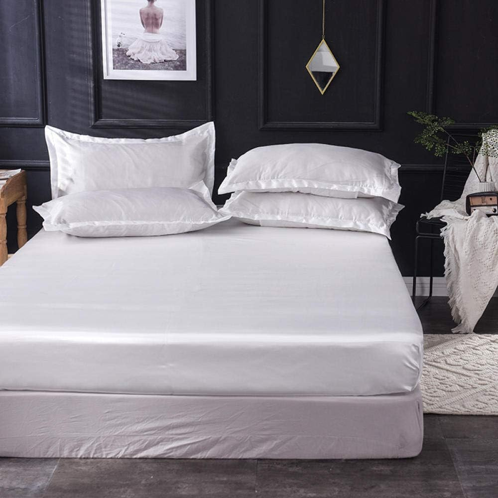 Single Fitted Deep Pocket Sheet,Washed Ice Silk Solid Color Bed Linen,Non-Slip Protective Cover Apartment Bedroom Double King-Size-White_180*200Cm image number 3