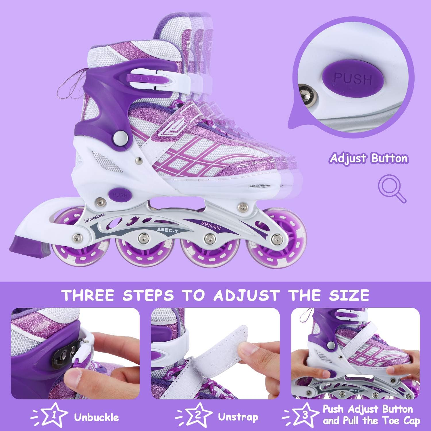 Kids Inline Skates for Girls Boys Beginners Adjustable, All 8 Wheels Illuminating.