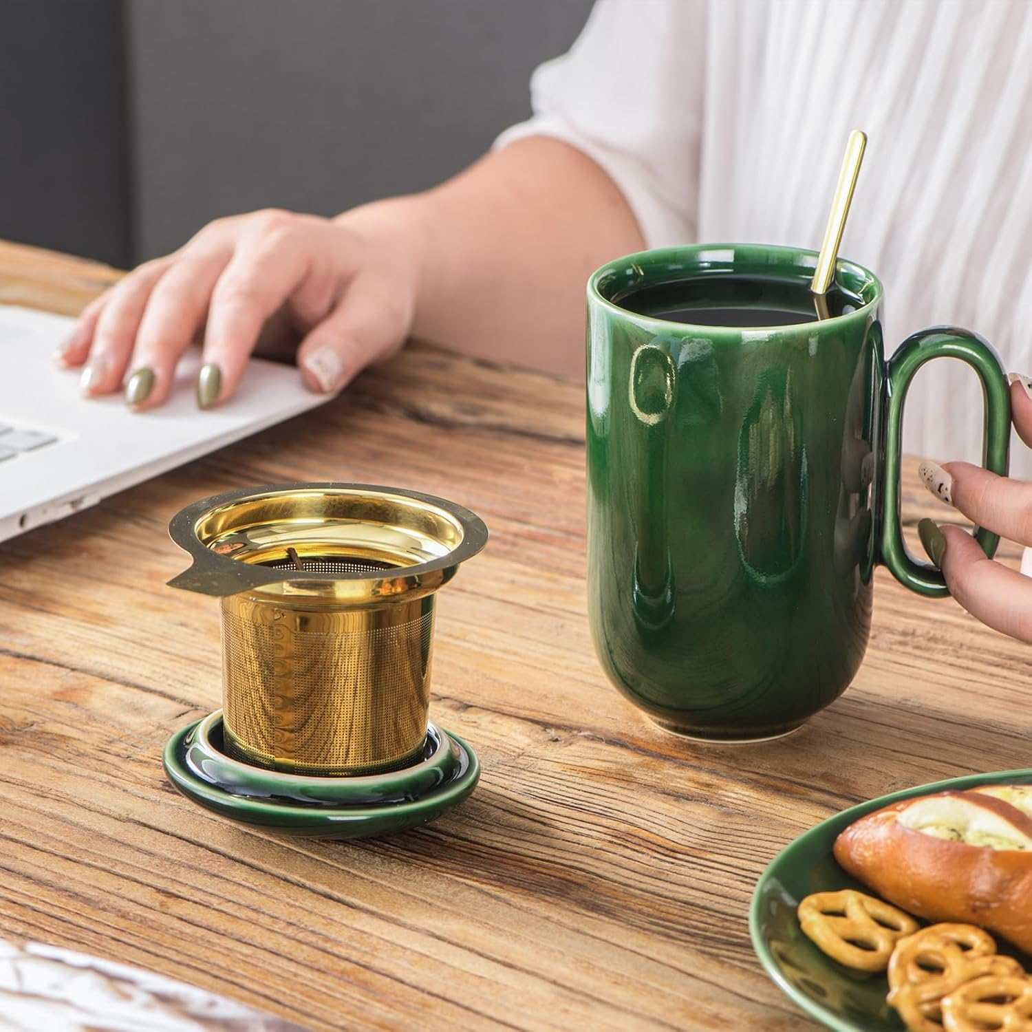 Vicrays Ceramic Tea Cup Mug Infuser Large 16 Oz Hot Loose Steeping Handle Teacup with Leaf Infuser Spoon Lid - Blue Tall Glazed Strainer Coffee Mug Microwave Safe - Green image number 1