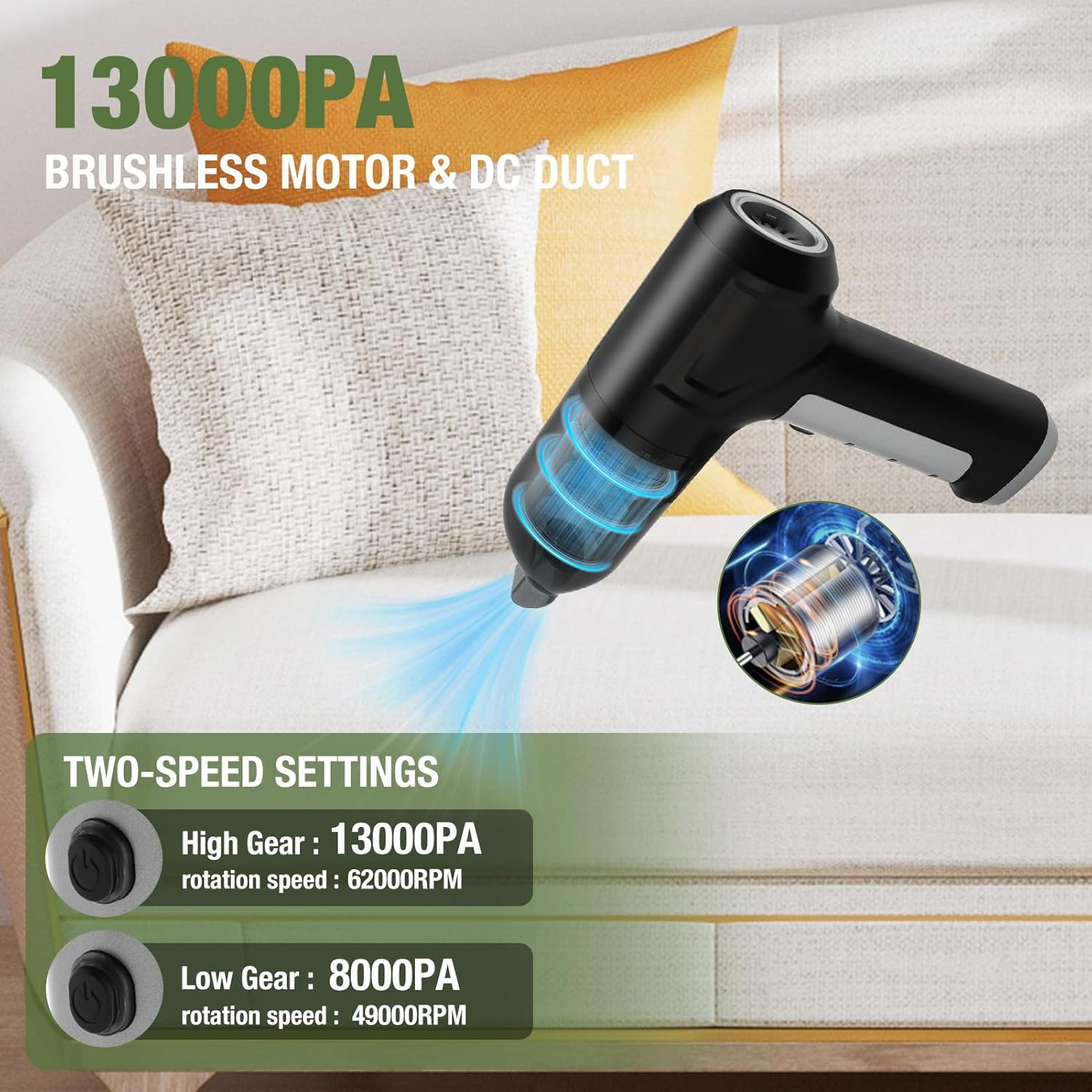 Handheld Vacuum Cordless, 13000PA 4 in 1 Portable Car Vacuum, Mini Vacuum Cleaner, Handheld Pet Vacuum, with Brushless Motor, for Car/Office/Home/Pet/Keyboard image number 2
