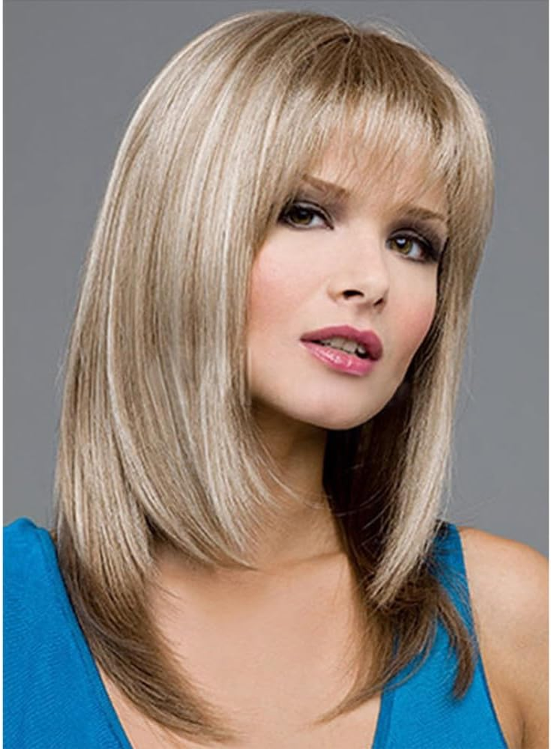 AUBWIG Blonde Mixed Brown Bob Wig with Fringe, 15 Inches, Natural Short Straight Wigs for Women, Medium Length Bob Hair, Synthetic Wigs for Daily Use (Blonde Mixed Brown) image number 5