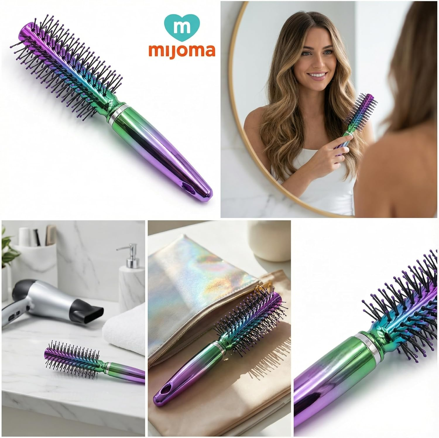 MIJOMA Nylon Bristle Hair Brush - Iridescent Metallic Finish - Ergonomic Handle - Ideal for Daily Styling & Grooming (Round Brush - 18Cm)