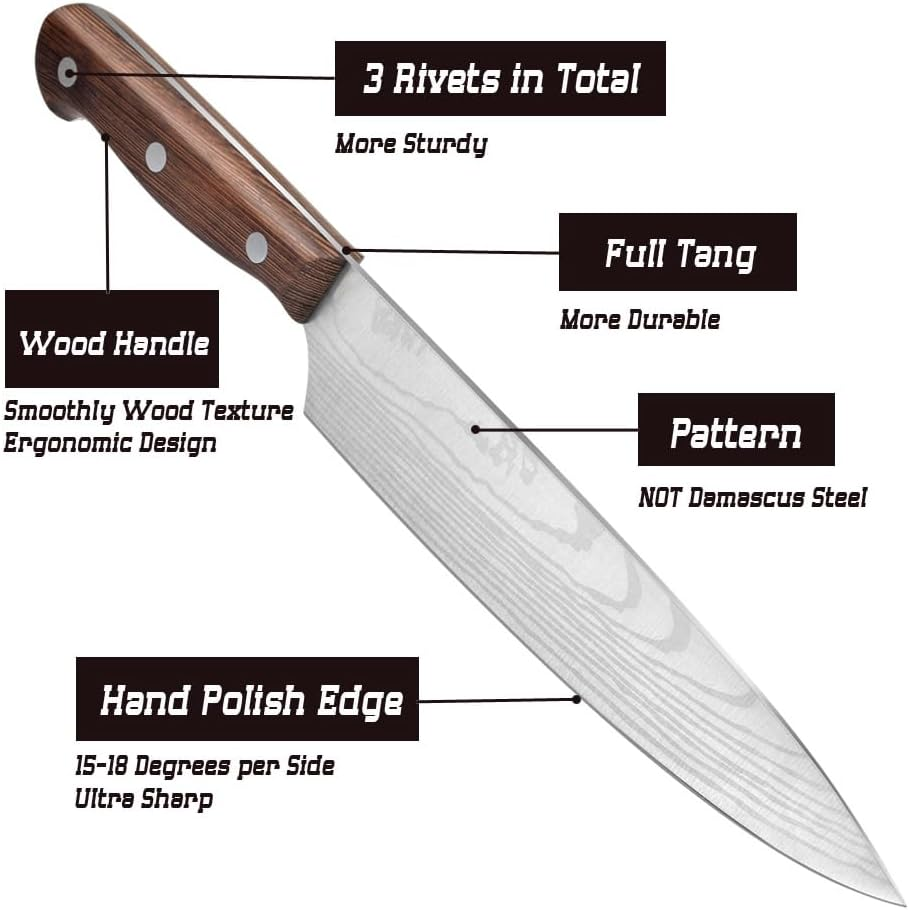 Chef Knife Starter 8 Inch Full Tang Super Sharp Chef'S Knife Home Cook Kitchen Knife Premium Carbon Stainless Steel Universal Knife with Ergonomic Wooden Handle in Gift Box image number 3
