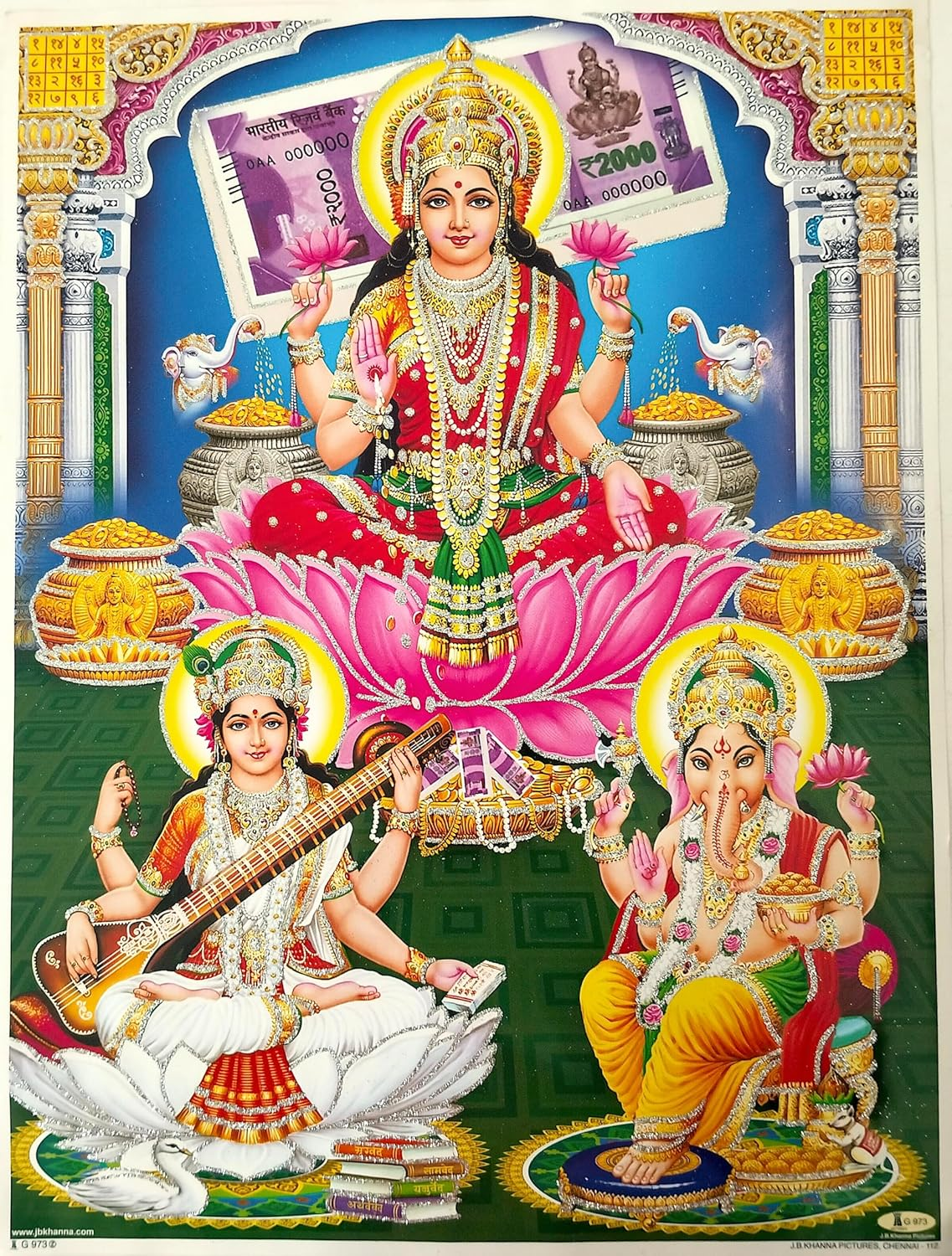 Laxmi Ganesh Luxmi Ganesh Sarasvati Shiv Ashatmi Photo Poster - Multicolor | Durga Maa, Laxmi, Saraswati, Nine Deviya Navdurga | Diwali & Dhanteras Special | Size 16X12 Inch (Multicolor)