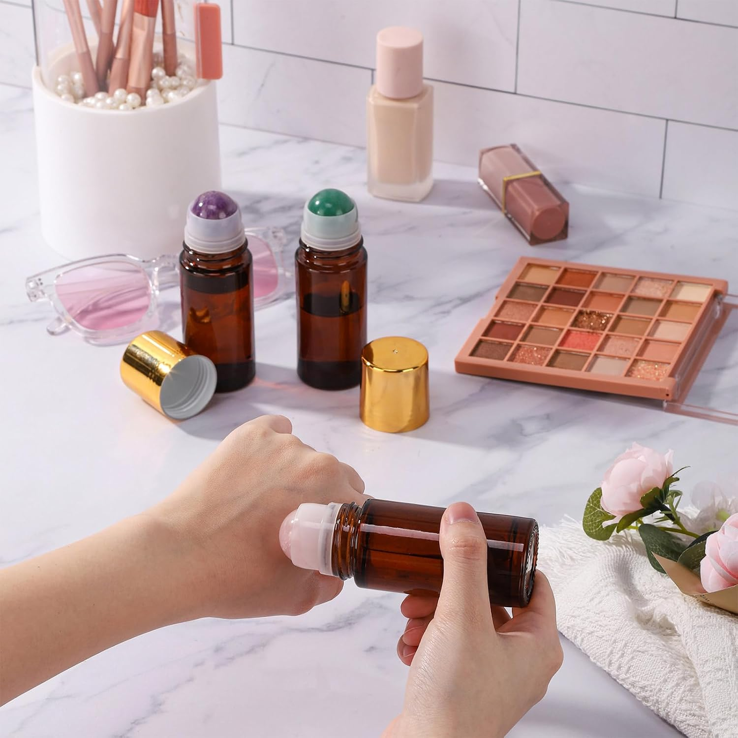 RAMFIYN 2 Pack Large Amber Glass Roll on Bottles for Essential Oils Perfume Refillable Roller Ball Applicator Empty Deodorant Containers with Purple Crystal Rollerball - Green image number 7