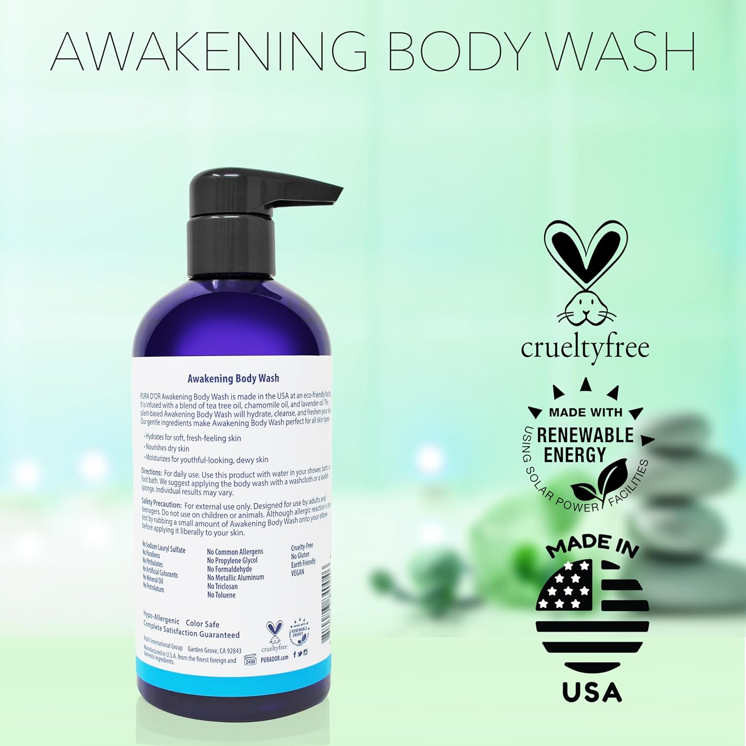 PURA D'OR Awakening Body Wash (16Oz) with Aloe Vera, Chamomile, Lavender, Tea Tree and Natural Nutrients - Ph Balanced for Moisturized Soft, Fresh-Feeling Skin, All Skin Types, Men & Women image number 3