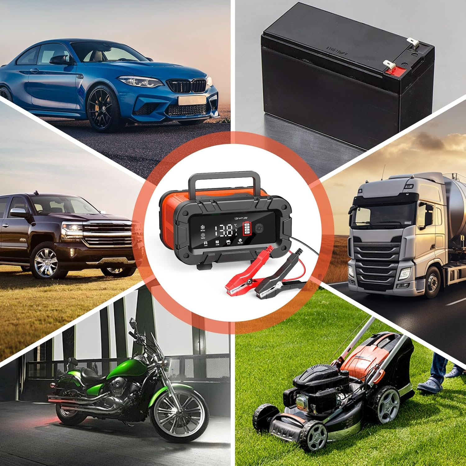 10-Amp Car Battery Charger, 12V/24V Smart Battery Charger Automotive Battery Maintainer with Pulse Repair, Trickle Charger for Car Truck Motorcycle Lawn Mower Boat (Red, Black)