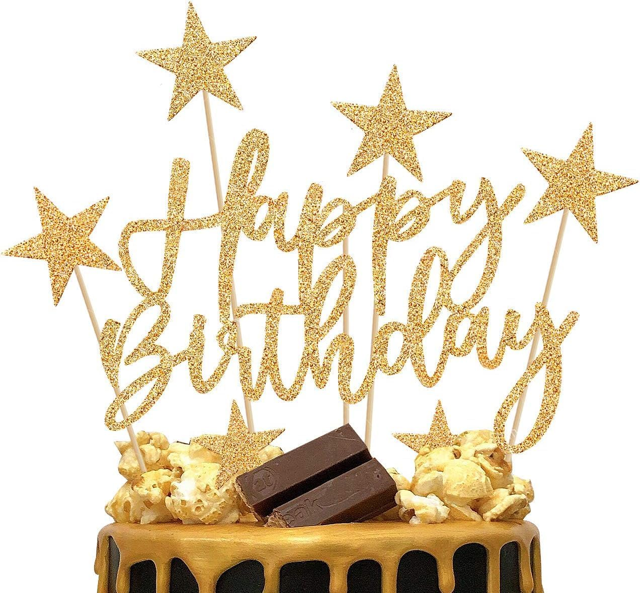 Happy Birthday Cake Topper: 2 Sets Gold-Themed (With Birthday Sign, Star Sign). Ideal for Men, Boys, Women, Girls&rsquo; Birthday Parties, Hen Parties; Decorative, Fits Gold Theme Celebrations. image number 3