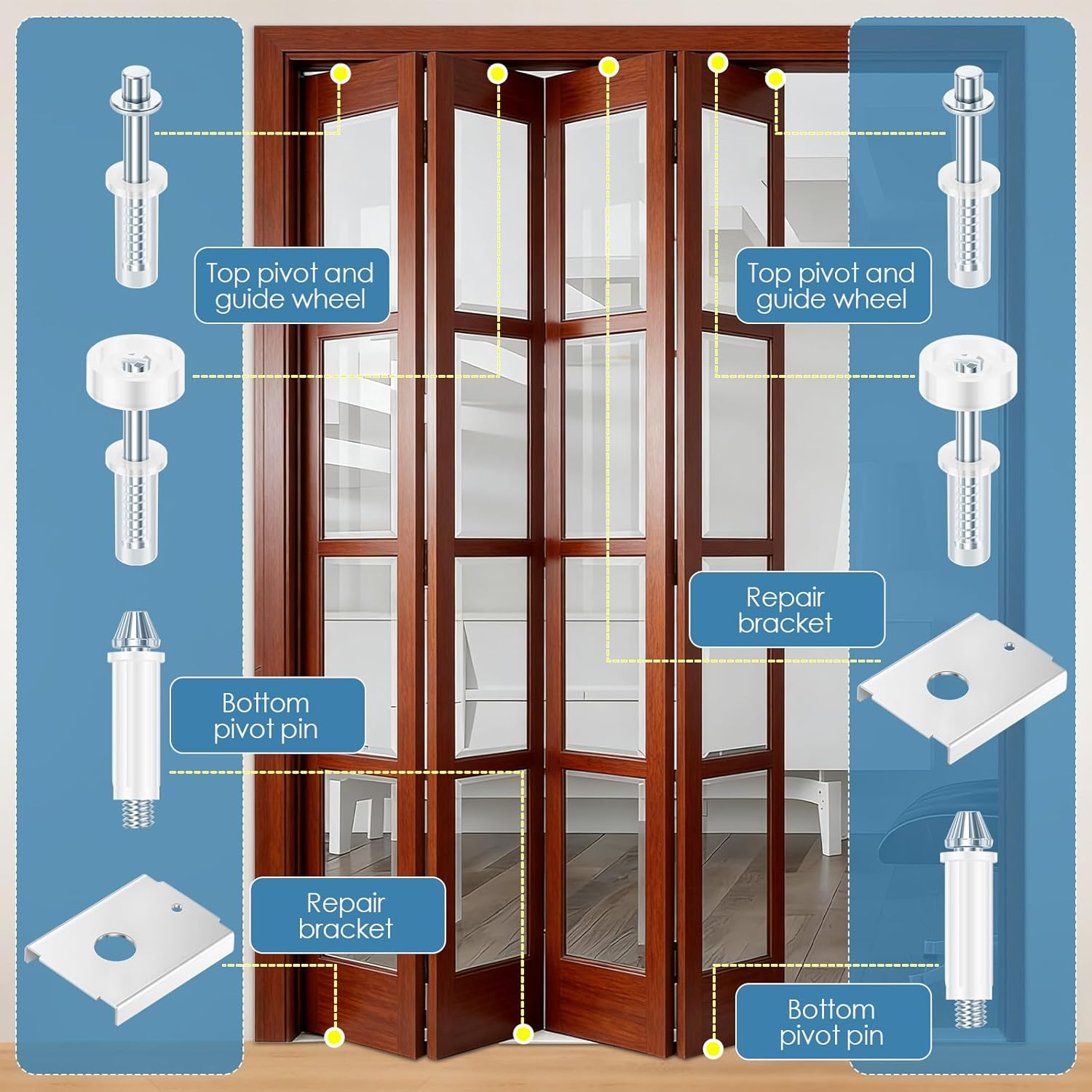 8Pcs Bi Fold Closet Door Repair Kit, Bifold Door Hardware Kit or 1-3/8" Include 8 Pcs Repair Bracket 2 Set Top Pivot Guide Wheel and Bottom Pivot Pin 3/8" and 7/16" for Repairing Folding Sliding image number 3