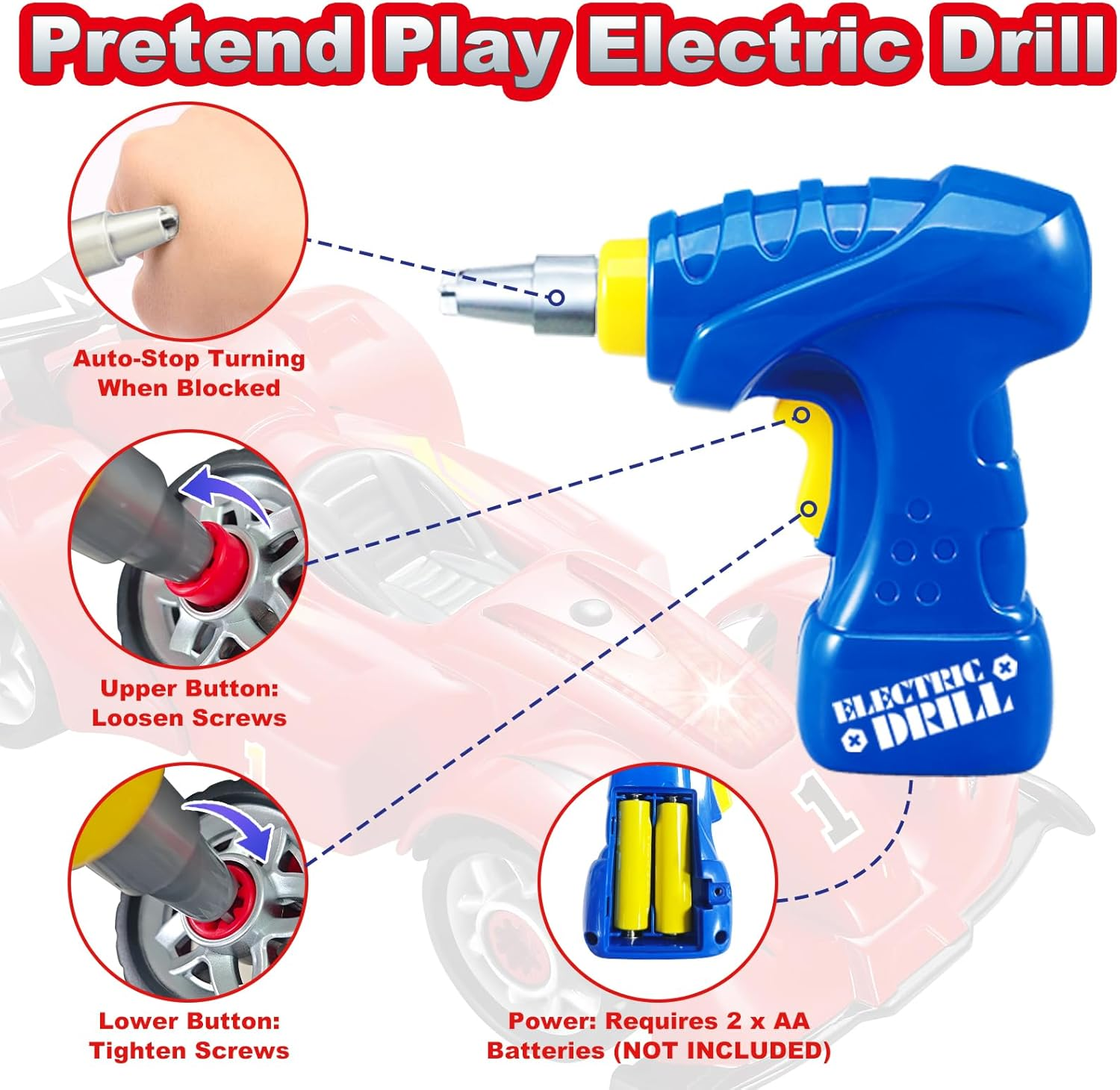 Pup Go F1 Construction Toy Racing Car - 24 Pieces with Realistic Sounds & Lights - 2 in 1 Easy Build Your Own Racing Car Kit with Electric Drill Tool - Take Apart Toys Gifts for 3+ Years Old Boys Kids - Blue image number 7