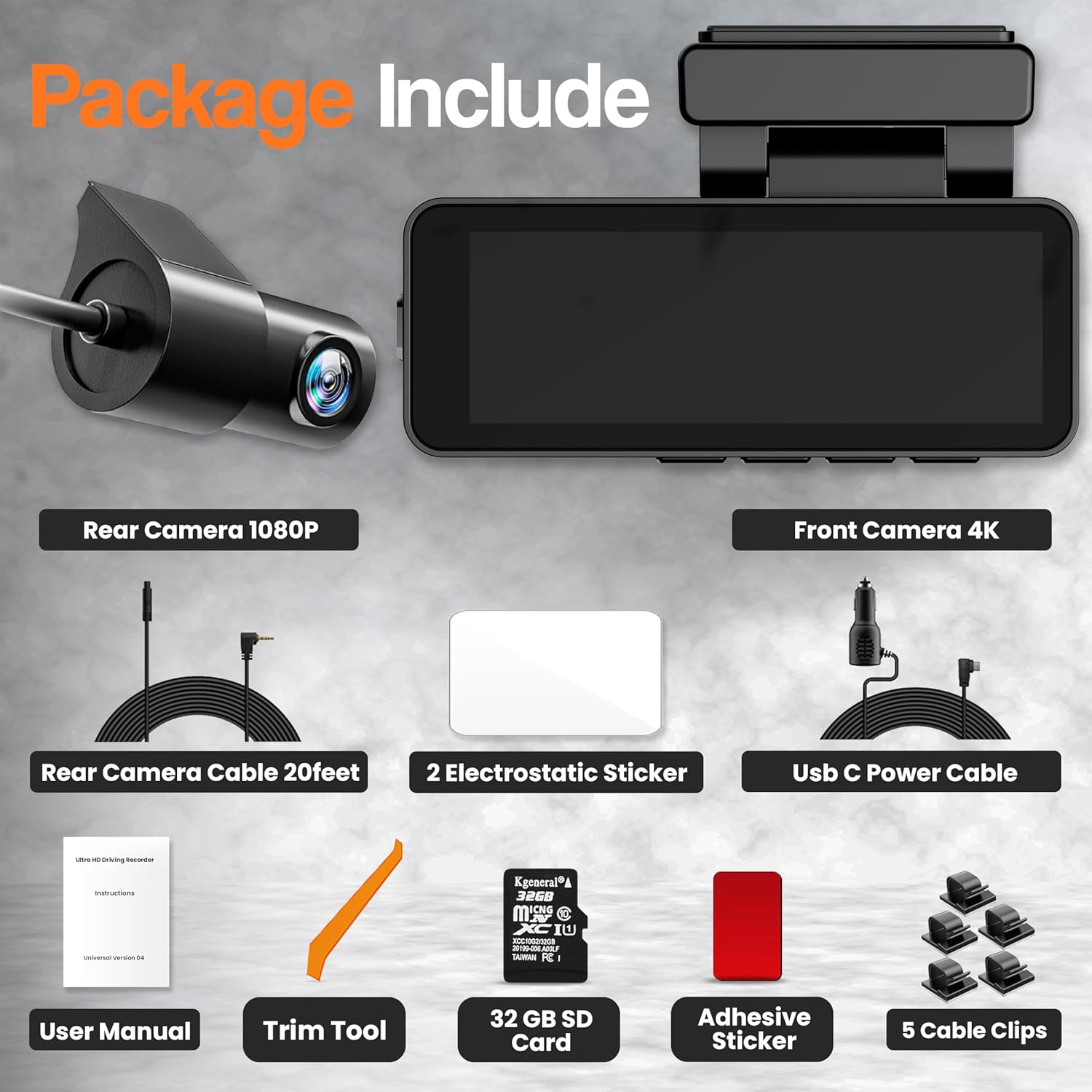 RFAQK Dash Cam 4K Front and Rear - Full HD 1080P Dash Camera, 4K Car Dashboard Recorder with 3.2&rdquo; IPS Screen & 32GB Card, Wi-Fi GPS Night Vision Loop Recording 170&deg;, Wide Angle WDR and Parking Monitor