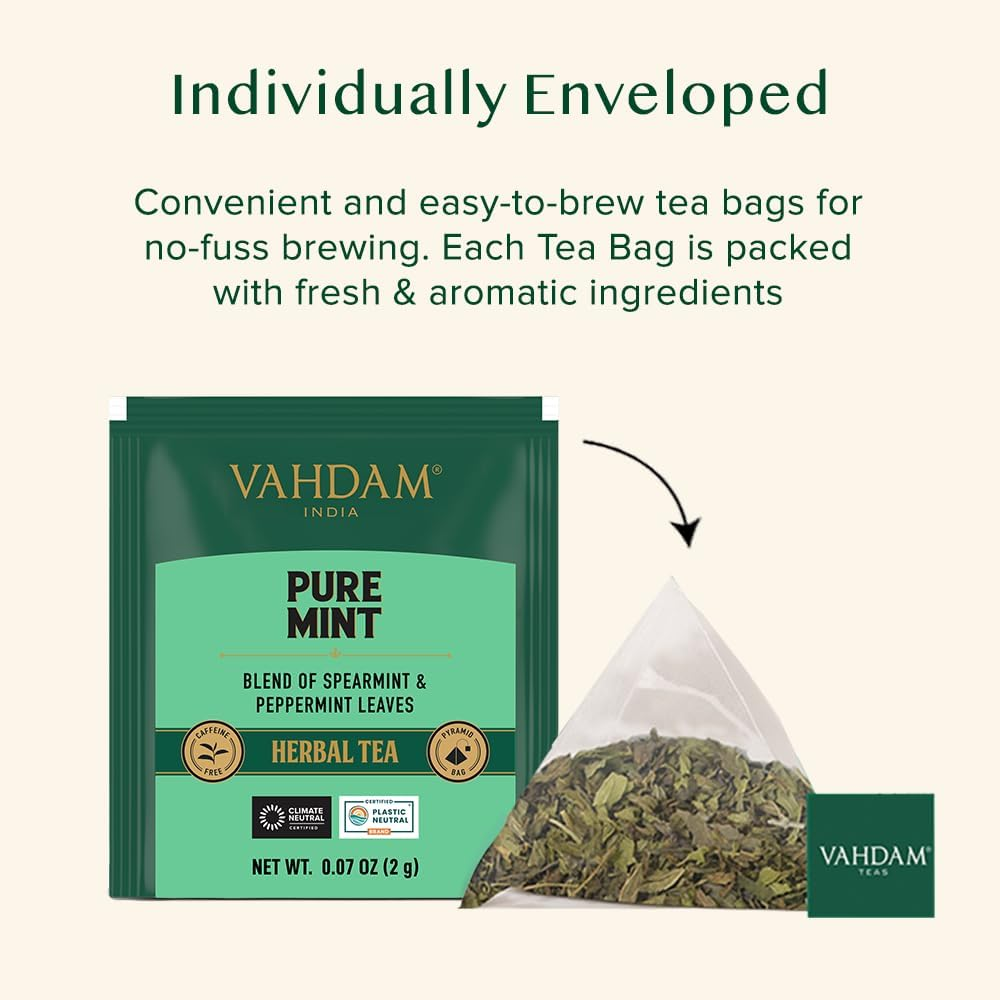 VAHDAM, Pure Mint Herbal Tea (15 Sachets of Pyramid-Mint Tea) 100% Natural Ingredients - Peppermint, Green Mint | Caffeine-Free Herbal Tea Bags image number 3