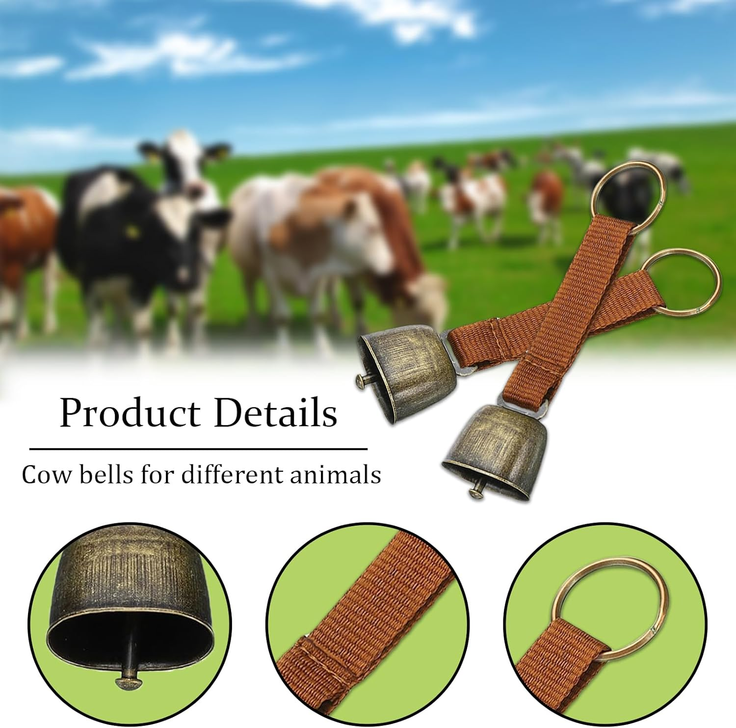 2 Pieces Small Cow Bell for Dog Collar, Loud Bear Bells with Leather Button Strap, Cow Horse, Sheep Willow Copper Bells, Pet Brass Bells Tracker Noisemaker, Bronze Bell for Crafts - Green image number 5