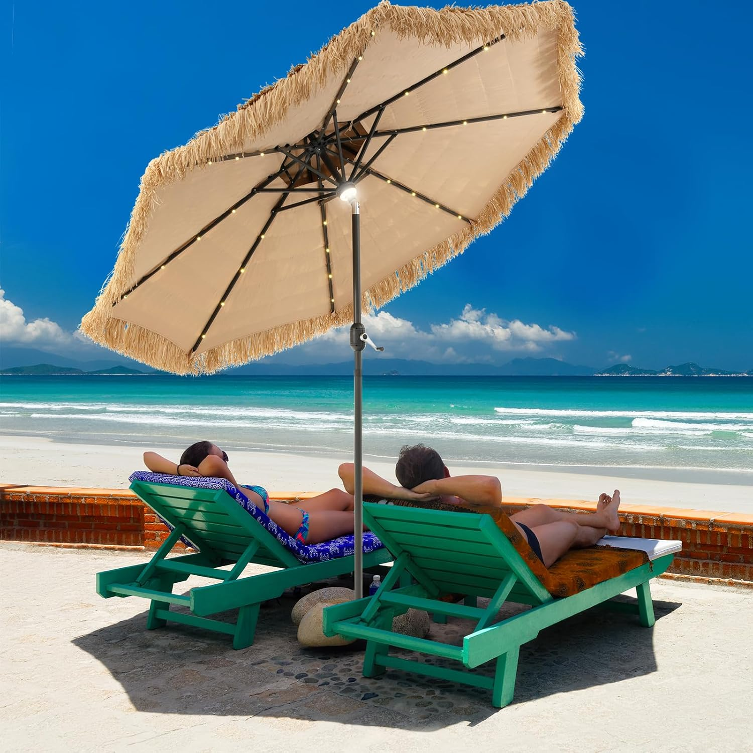 Costway 32 LED Hula Thatched Tiki Umbrella, Solar Powered Hawaiian Style Beach Umbrella with 8 Ribs, 30&deg; Tilt & Crank, Outdoor Market Umbrella for Tropical Palapa, Tiki Bar, Patio, Garden & Poolside, Natural image number 2