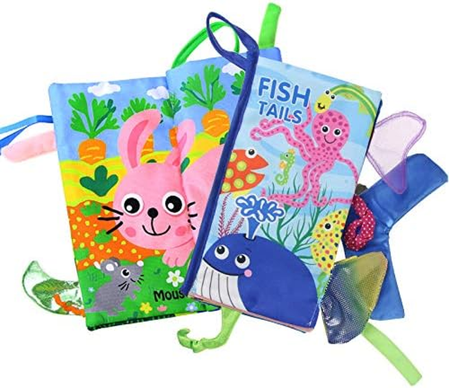 Coolplay Soft Cloth Book with Animal Tails, Color Animal Printed Fabric Cloth Book, Educational and Learning Soft Cloth Book for Babies, Pack of 2