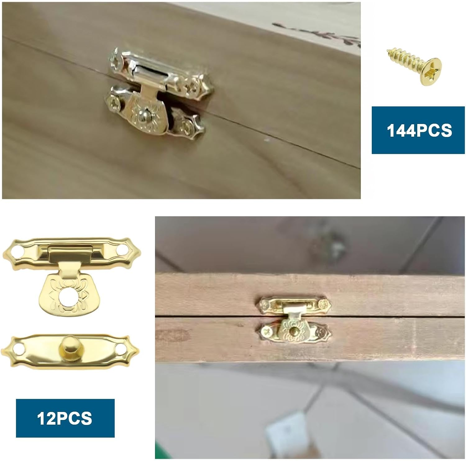 Emsea 36Pcs Box Latch Hasps & Hinges with Screws Antique Small Hinges Vintage Door Hinges Accessories for Wooden Box Jewelry Box Cabinet Gold - Bronze image number 2