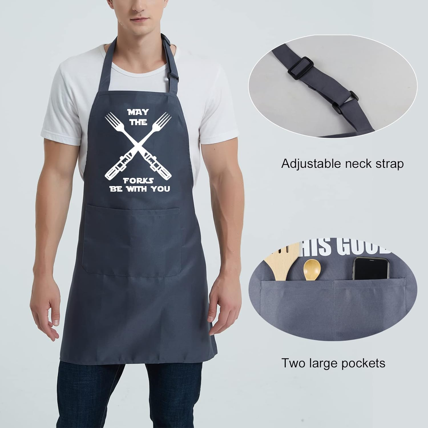 Cooking Aprons for Men Women, Kitchen Chef Apron, BBQ Grilling Gifts for Husband Dad - May The Forks Gray image number 3