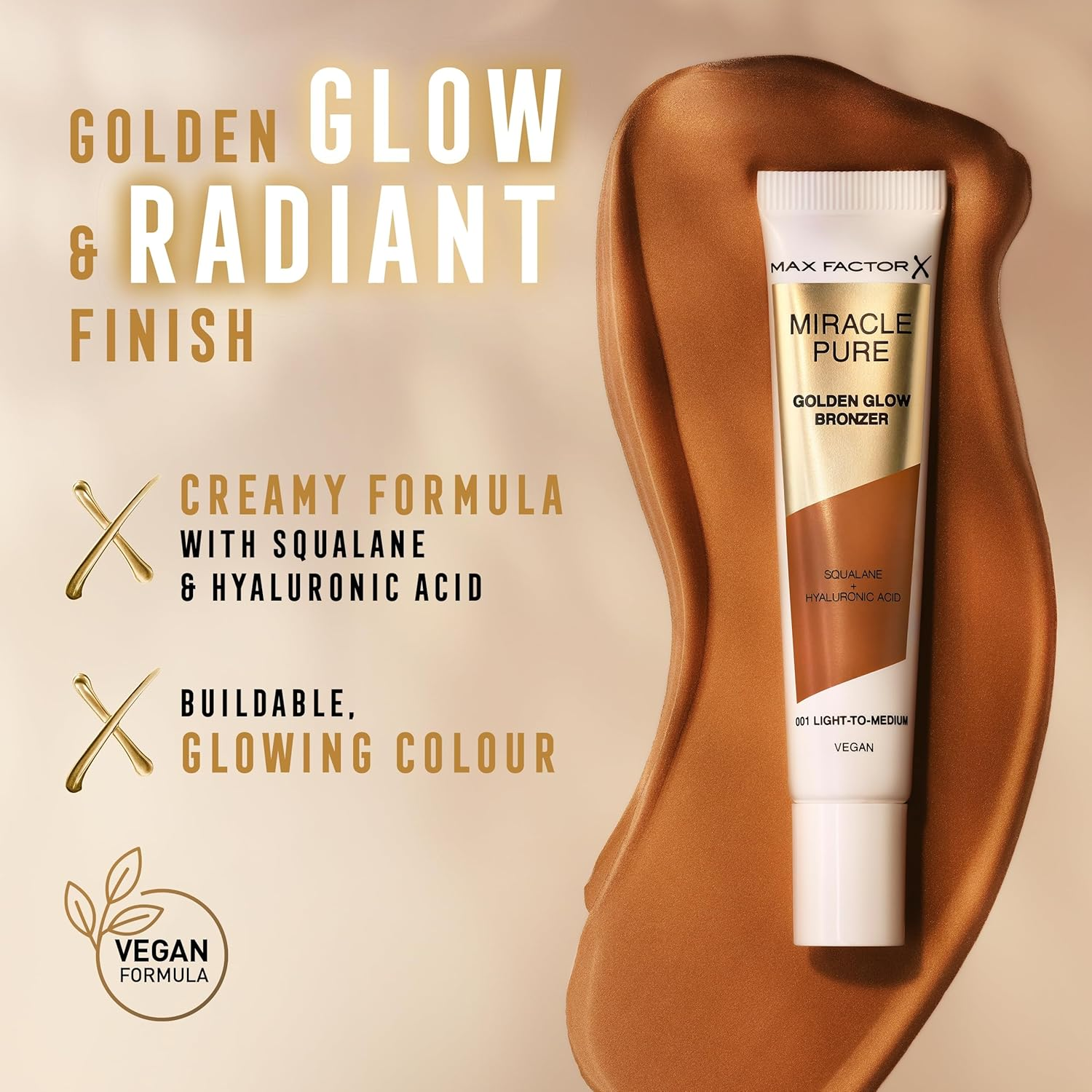 Max Factor Miracle Pure Golden Glow Bronzer, Light-To-Medium, Liquid Bronzer, Creamy Vegan Formula, Squalane & Hyaluronic Acid, 15Ml